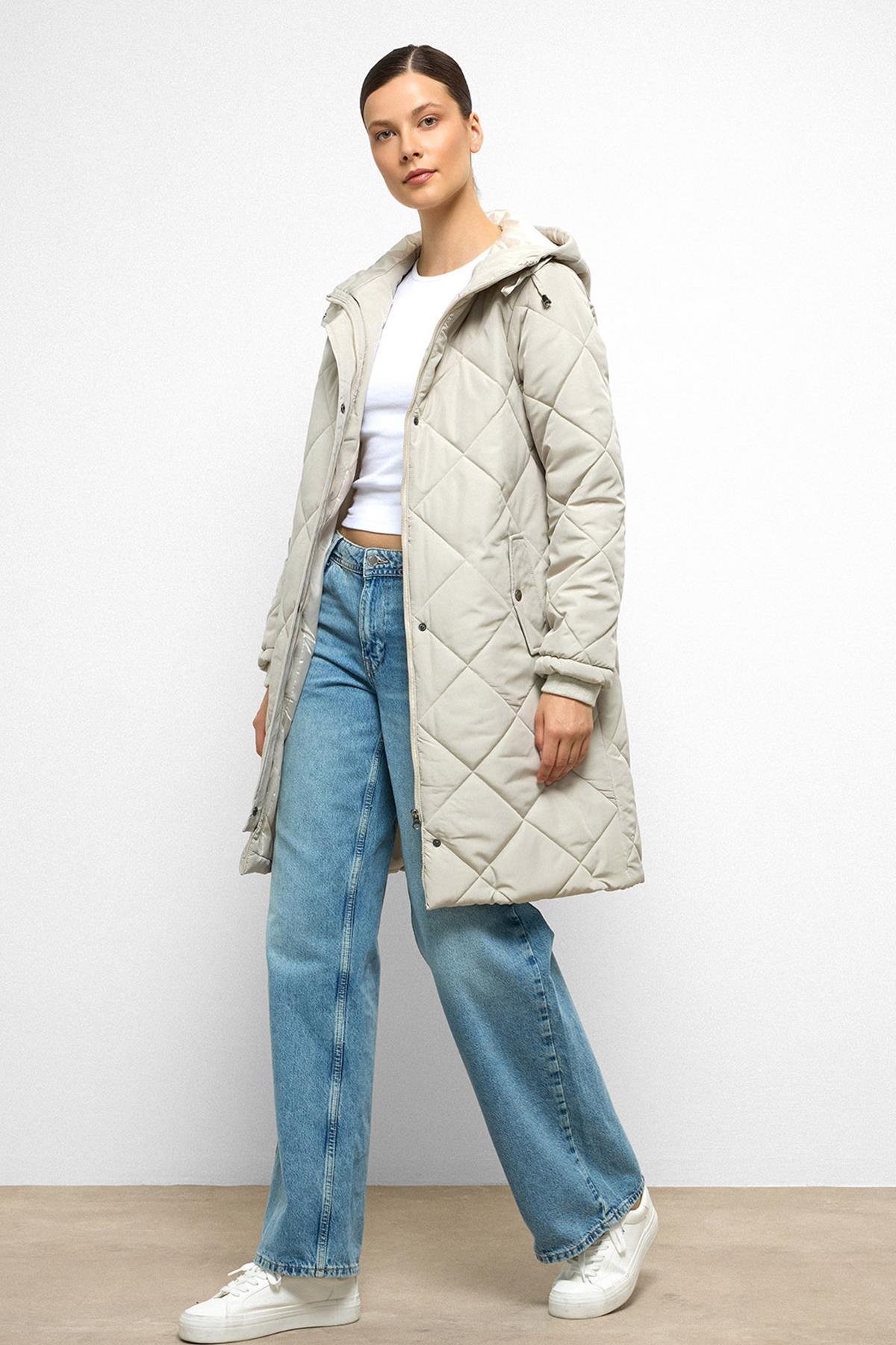 Hooded Zippered Rib Detailed Quilted Coat STONE 6776