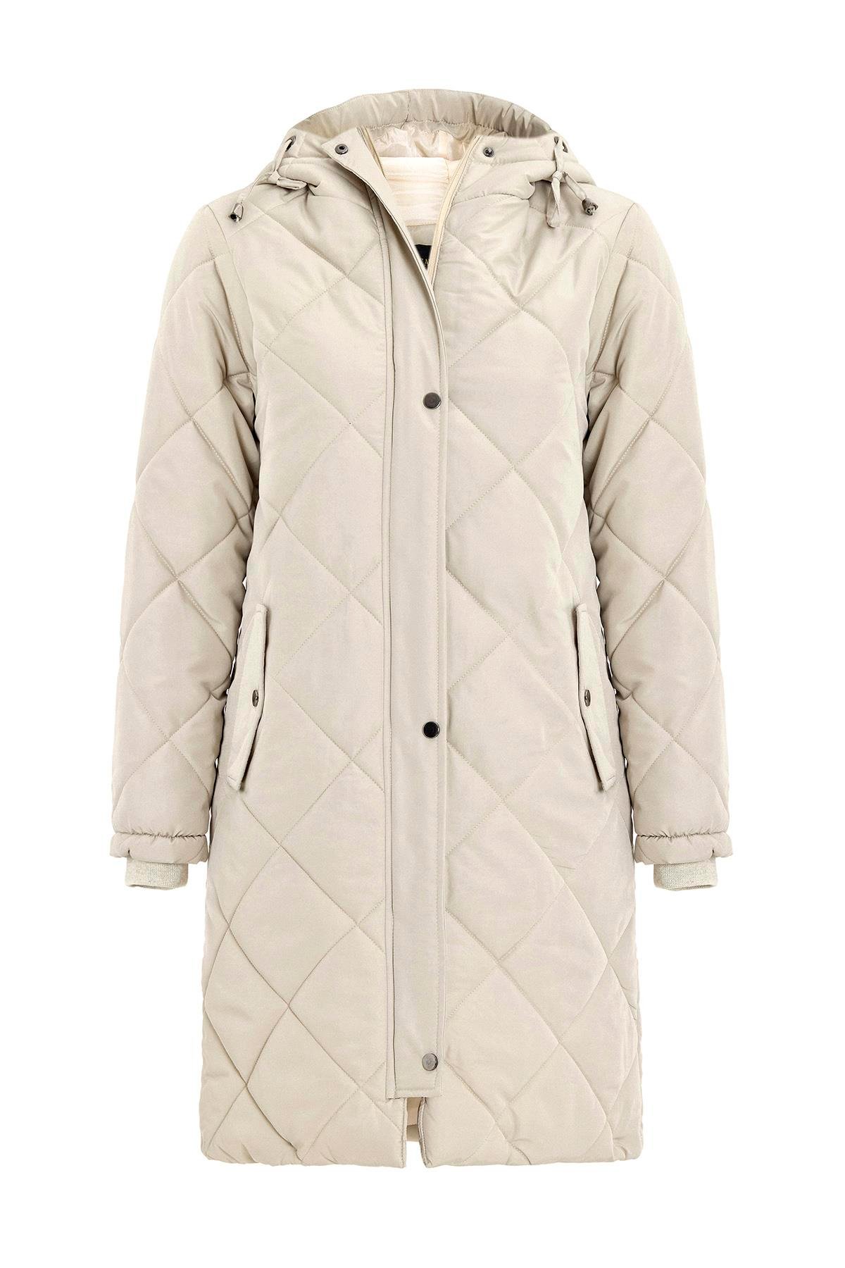 Hooded Zippered Rib Detailed Quilted Coat STONE 6776