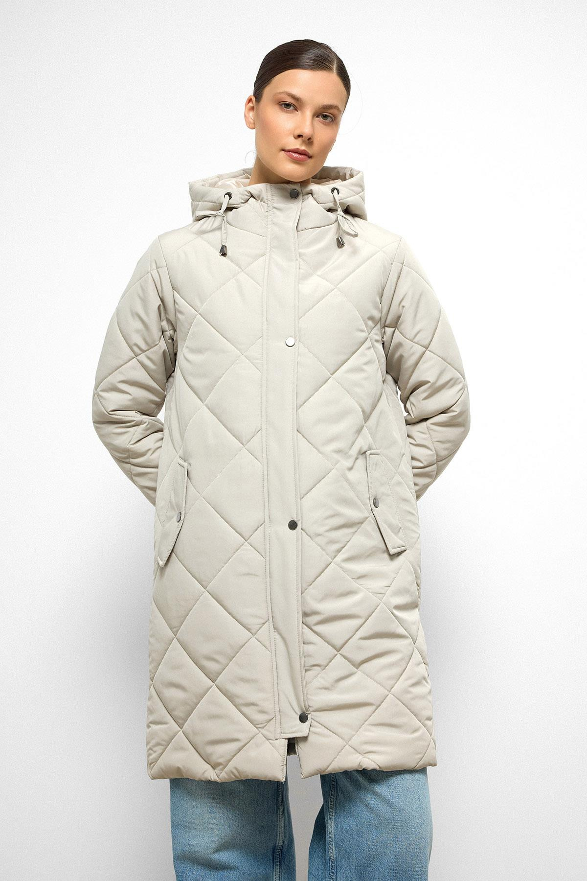 Hooded Zippered Rib Detailed Quilted Coat STONE 6776