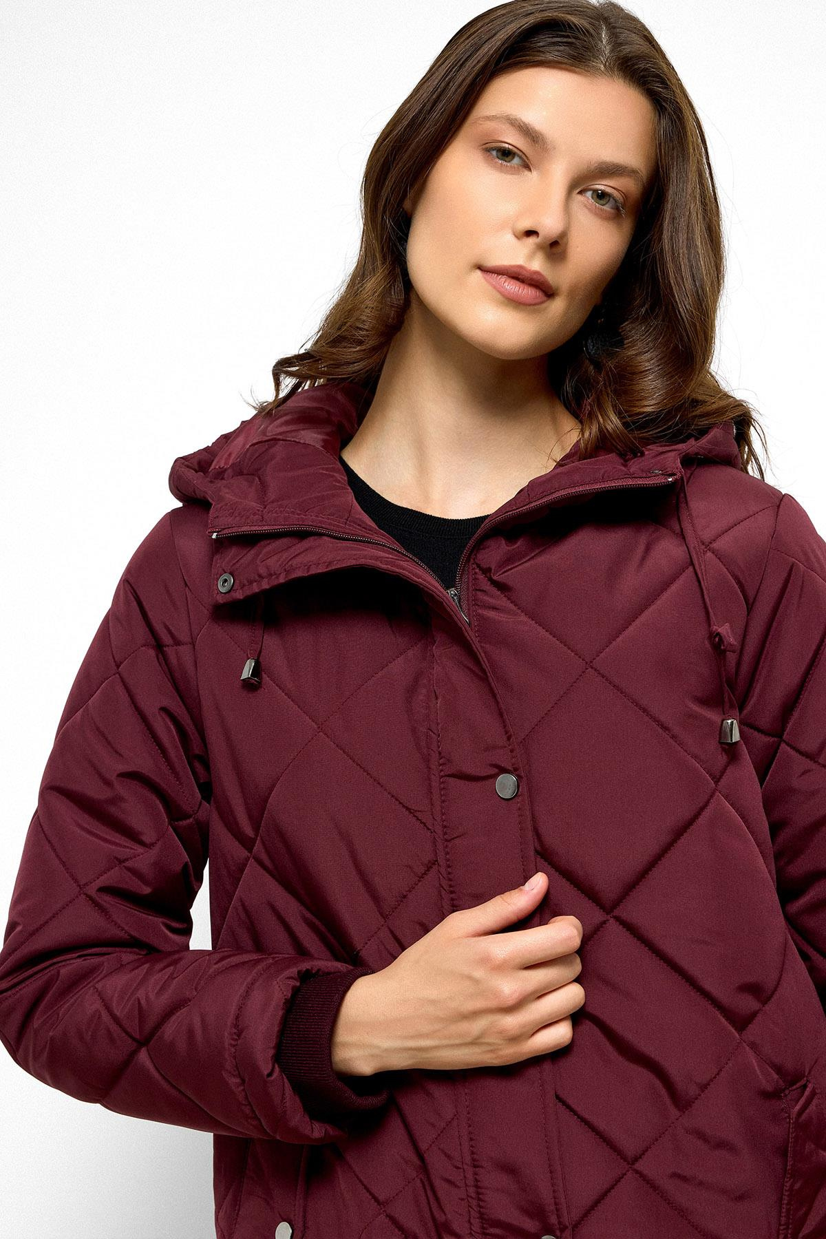 Hooded Zippered Rib Detailed Quilted Coat CLARET RED 6776