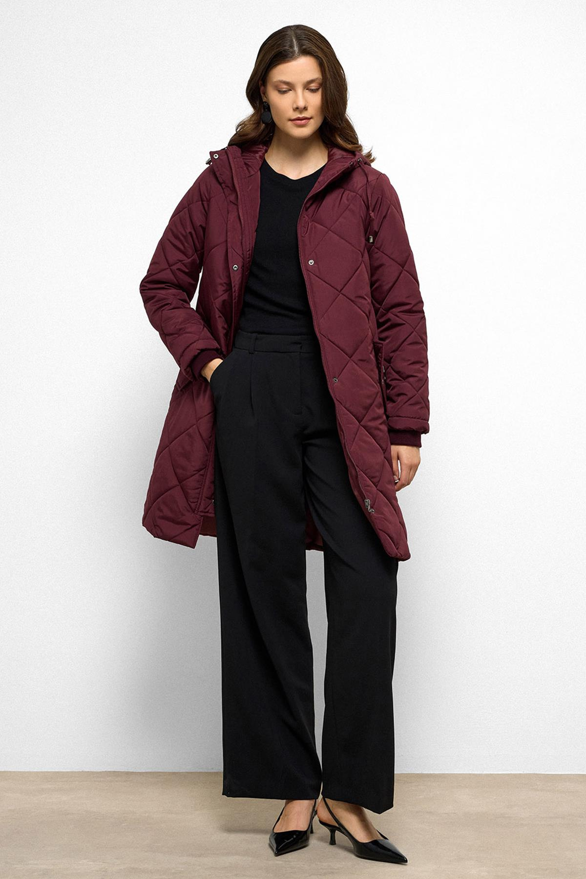 Hooded Zippered Rib Detailed Quilted Coat CLARET RED 6776