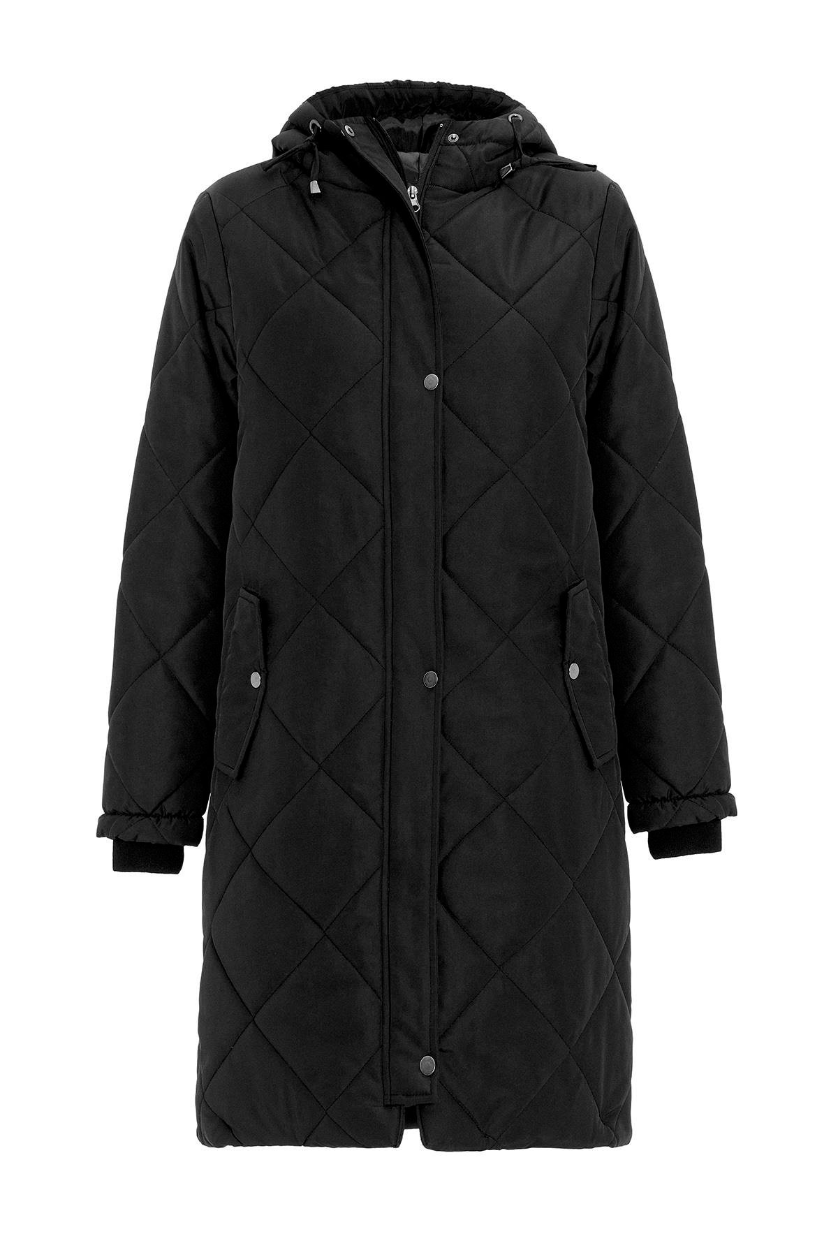 Hooded Zippered Rib Detailed Quilted Coat BLACK 6776