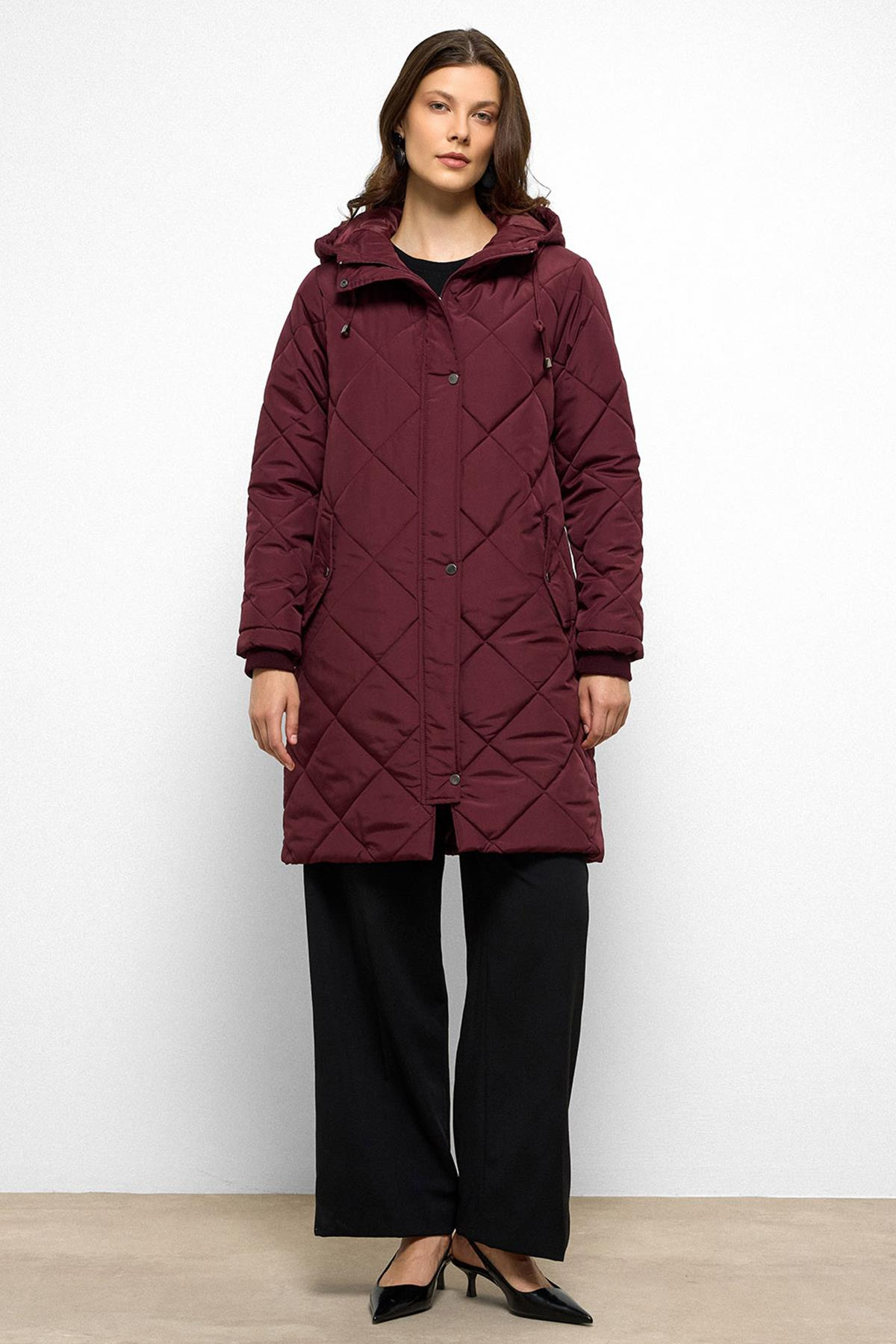 Hooded Zippered Rib Detailed Quilted Coat CLARET RED 6776