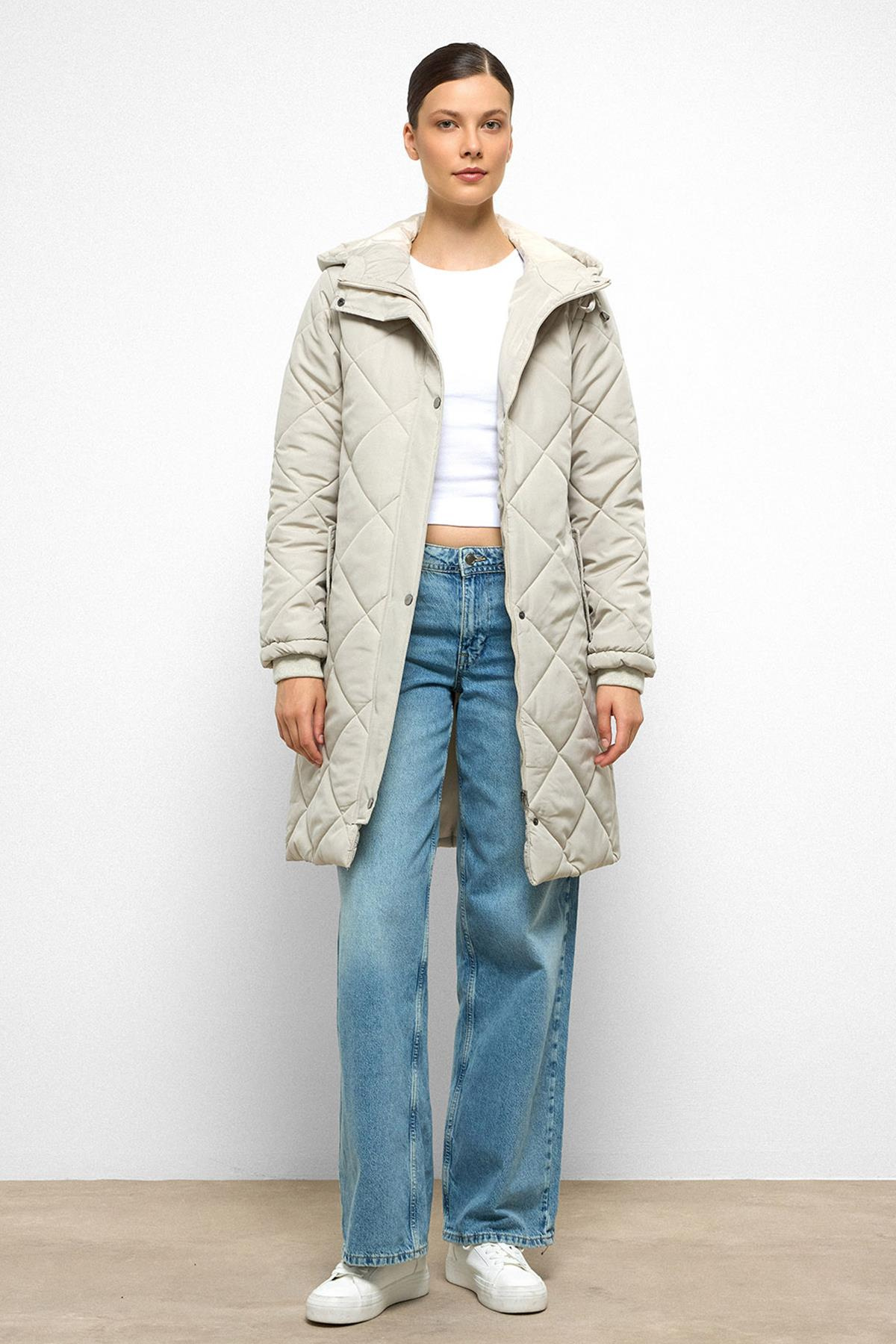 Hooded Zippered Rib Detailed Quilted Coat STONE 6776