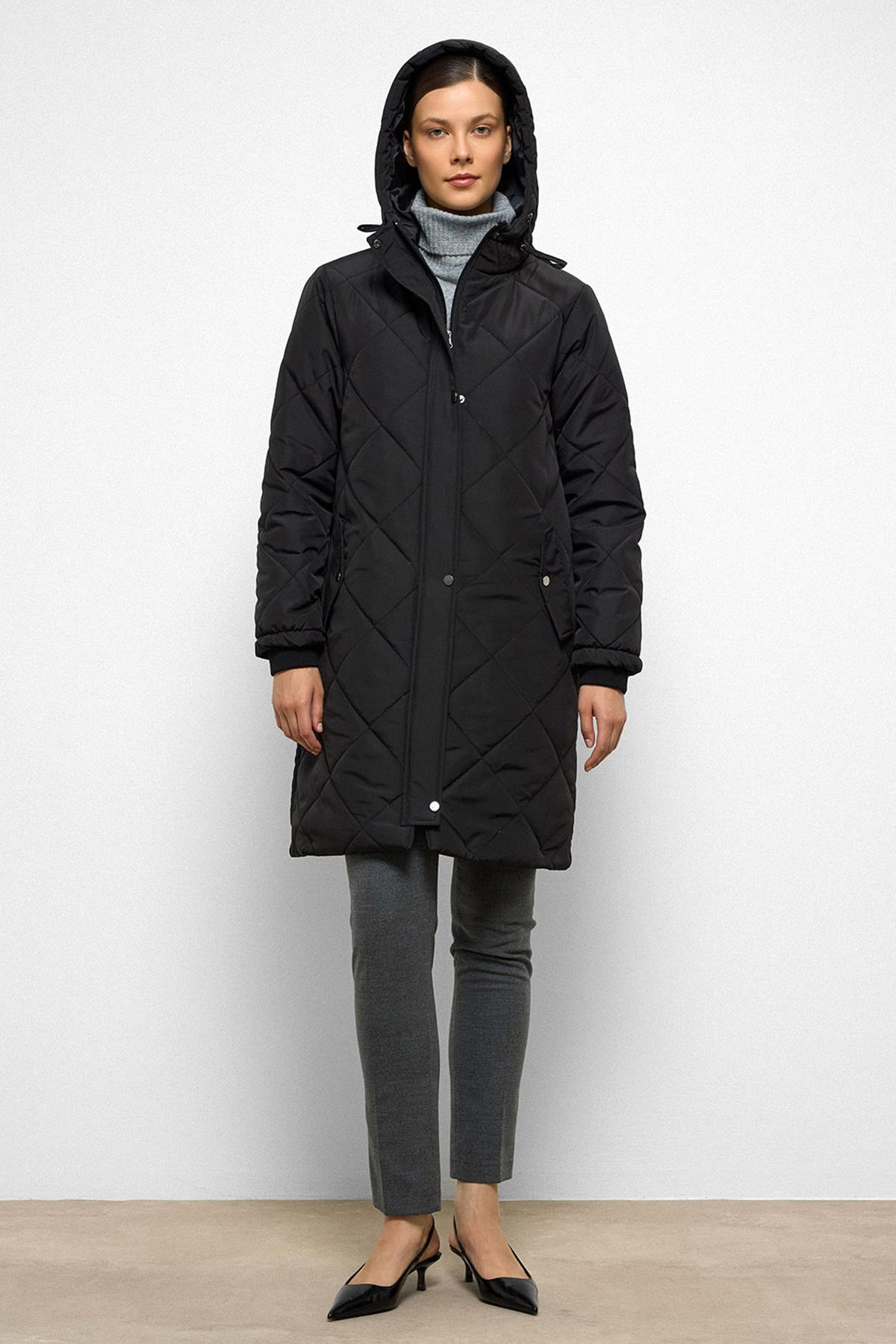 Hooded Zippered Rib Detailed Quilted Coat BLACK 6776