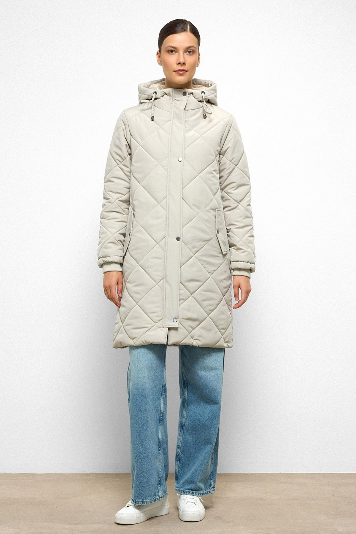 Hooded Zippered Rib Detailed Quilted Coat STONE 6776
