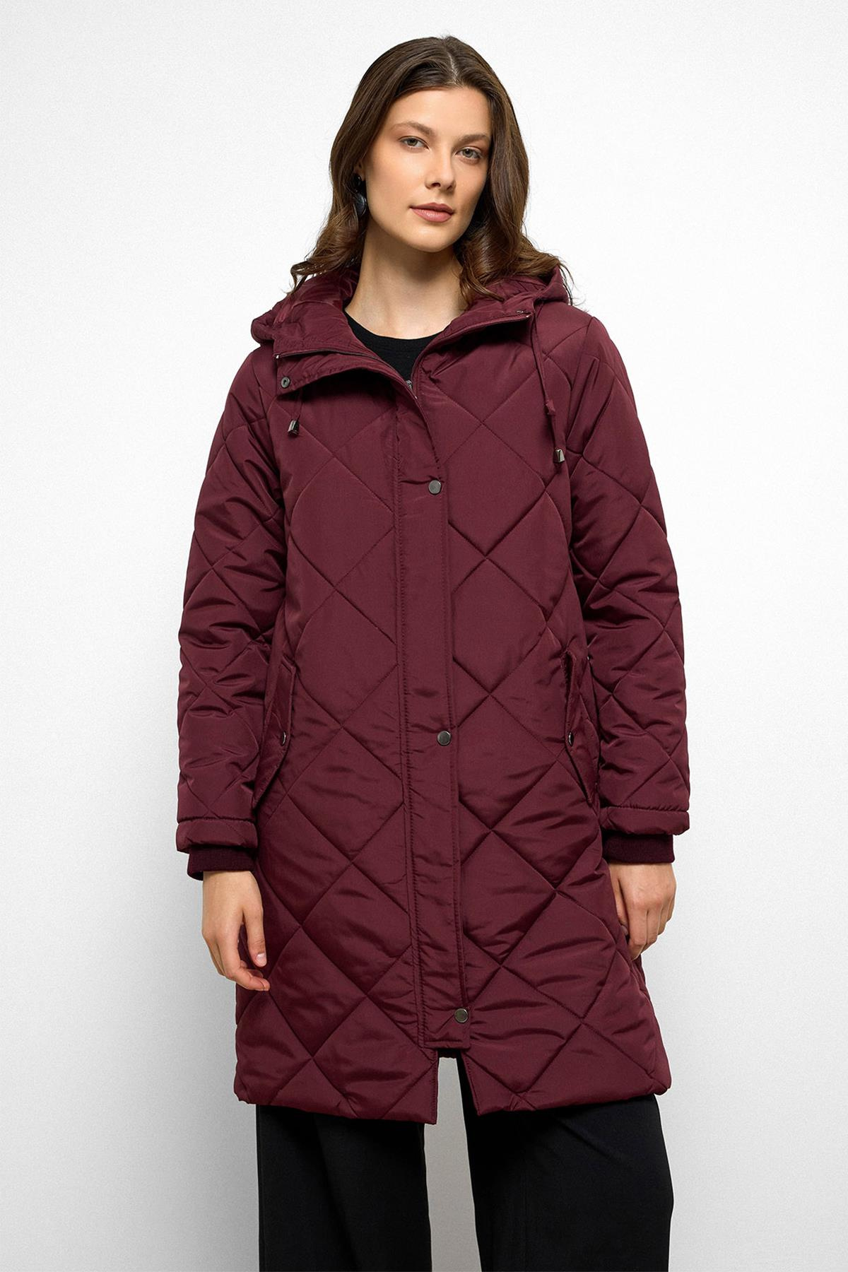 Hooded Zippered Rib Detailed Quilted Coat CLARET RED 6776