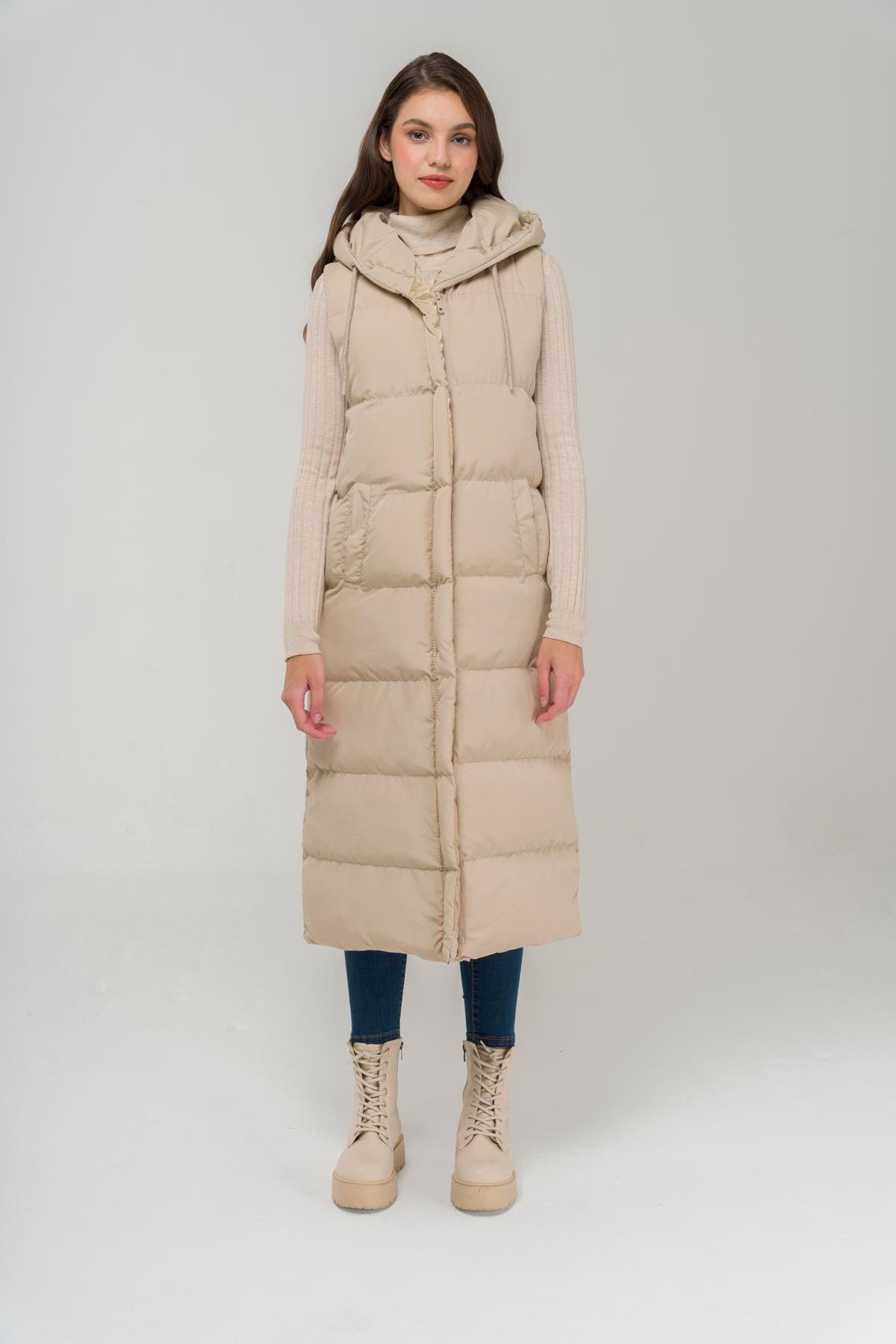 Kapüşonlu Fermuar Kapamalı Uzun Şişme Yelek TAŞ 8224