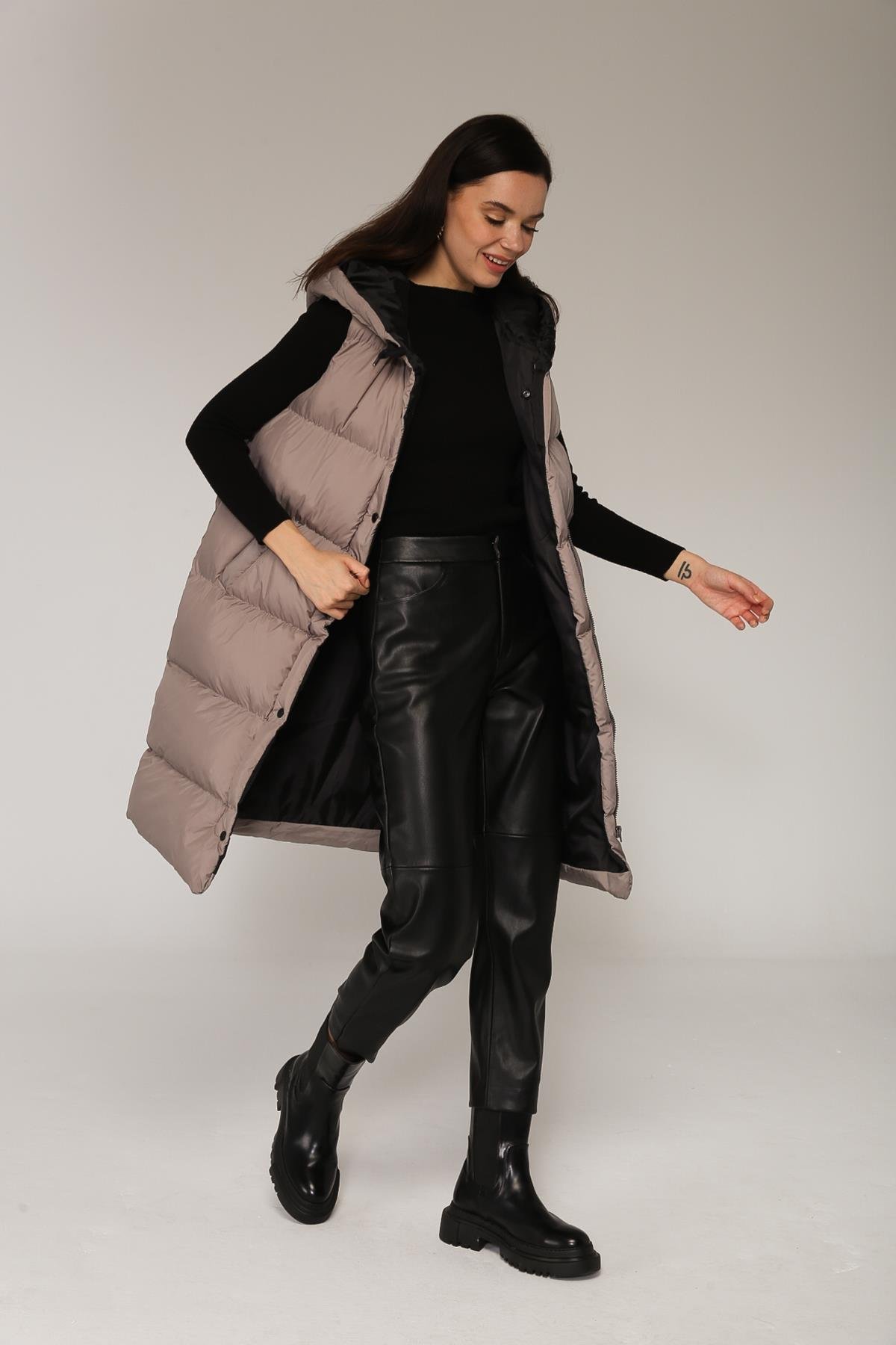 Kapüşonlu Fermuar ve Çıtçıt Kapamalı Şişme Yelek GRİ 8199