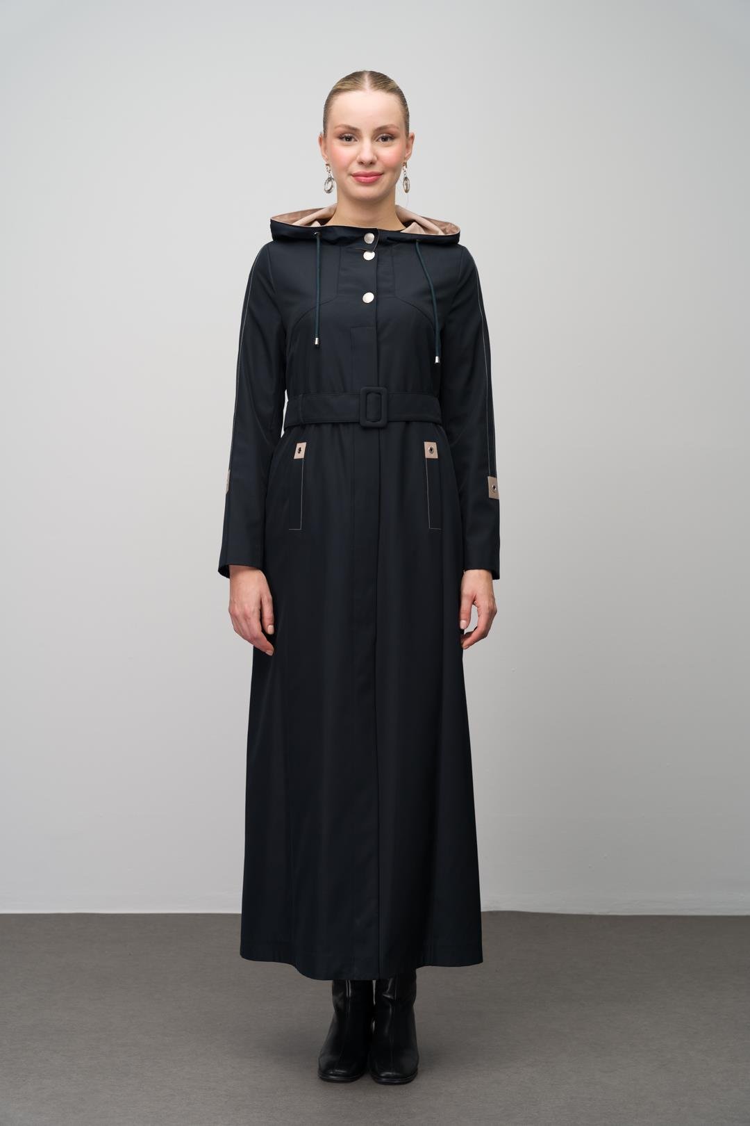 معطف ترنش غارني بغطاء رأس وتفاصيل مبطنة الأزرق الداكن 4297