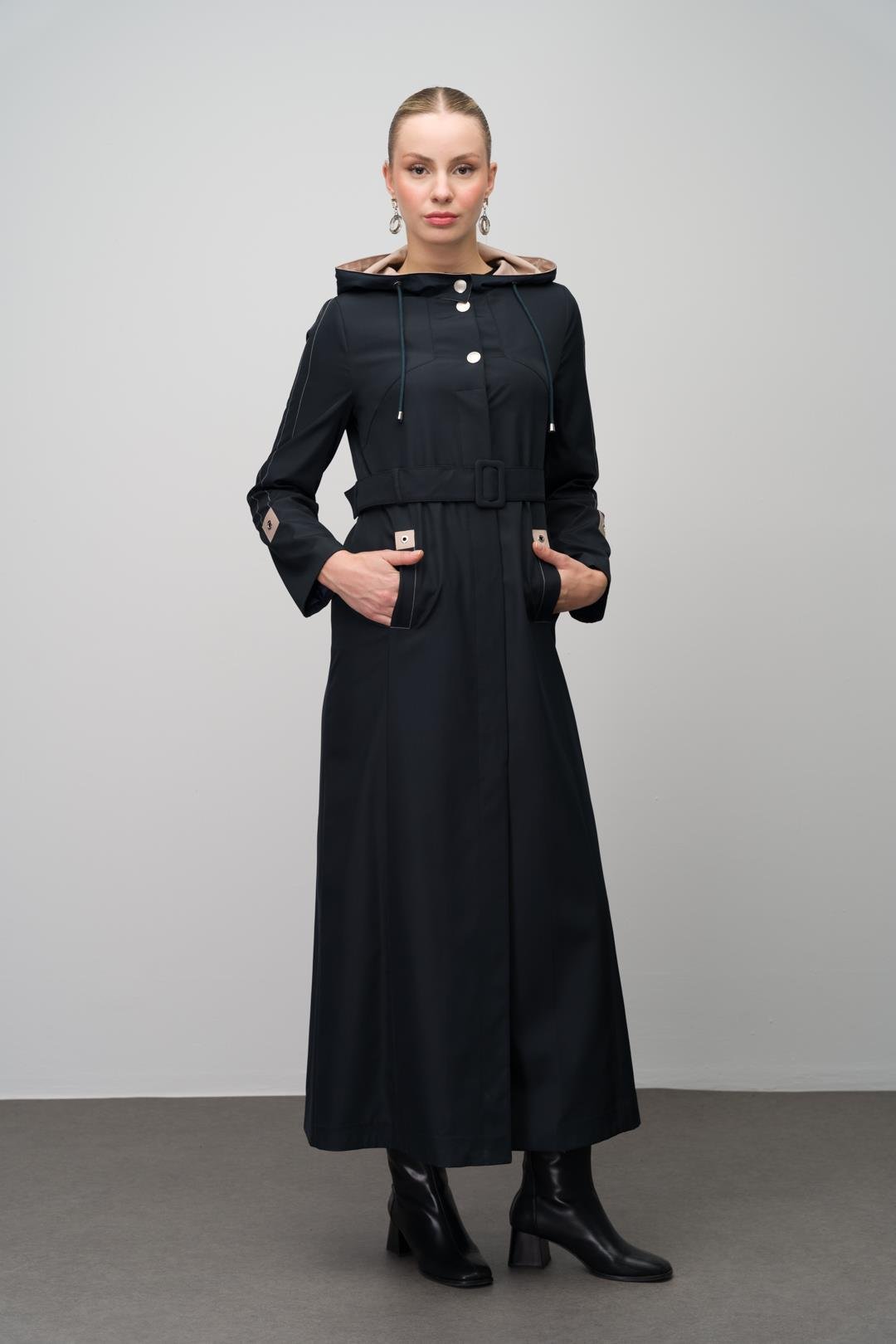 معطف ترنش غارني بغطاء رأس وتفاصيل مبطنة الأزرق الداكن 4297