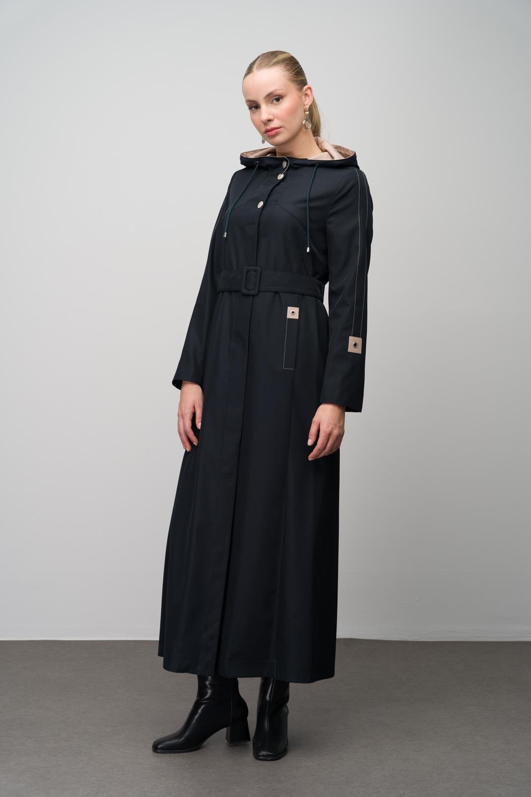 معطف ترنش غارني بغطاء رأس وتفاصيل مبطنة الأزرق الداكن 4297