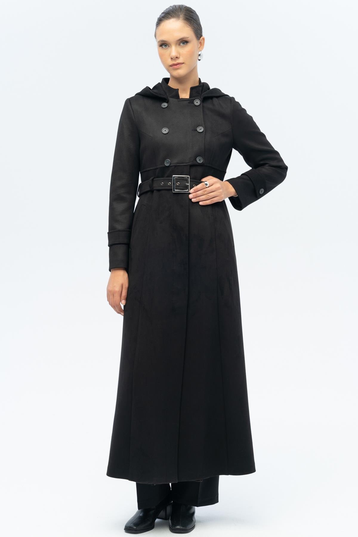 معطف غارني بغطاء رأس ومظهر جلد سويدي مفصل أسود 6677