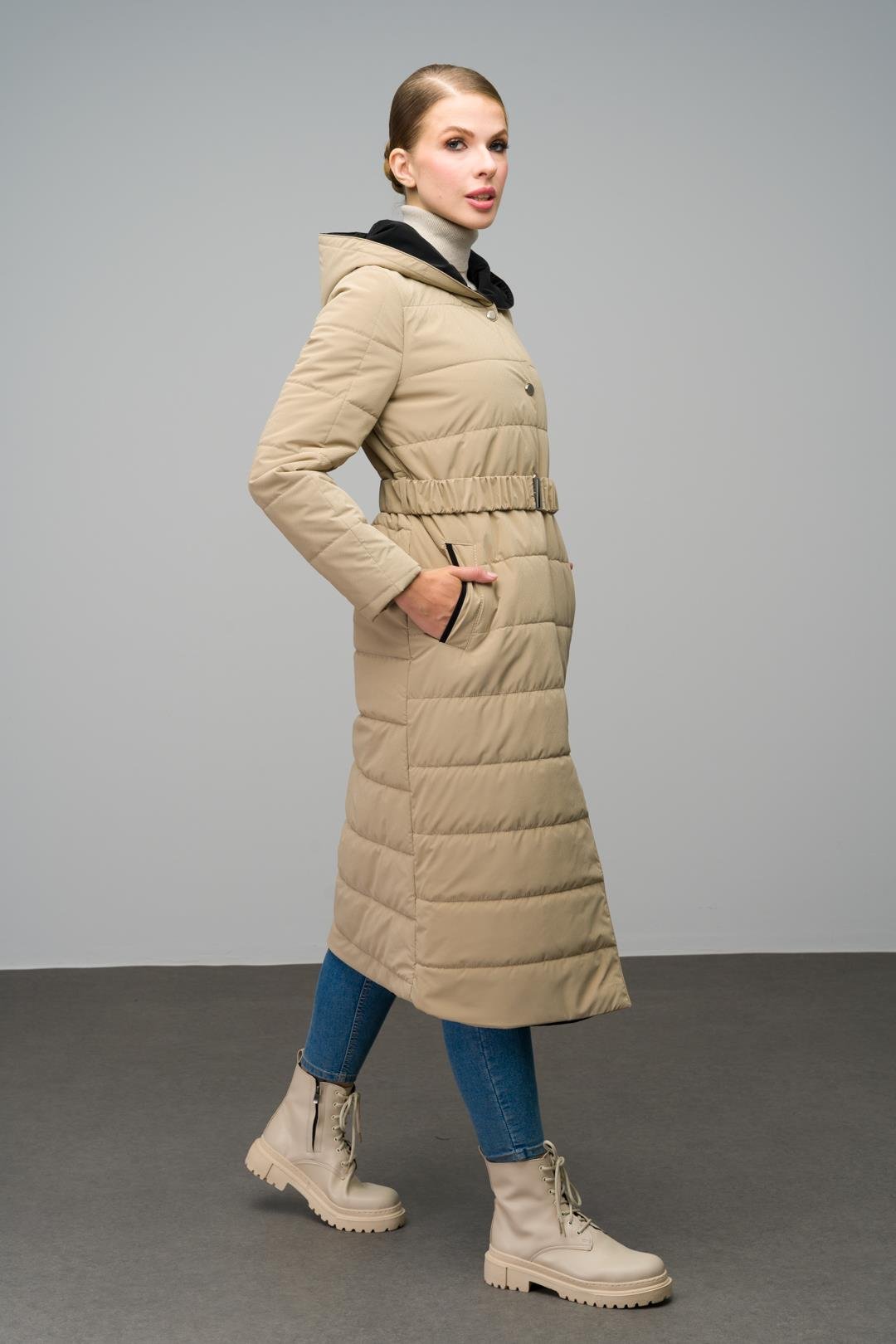 Hooded Garni Detailed Long Quilted Coat IVORY 6662