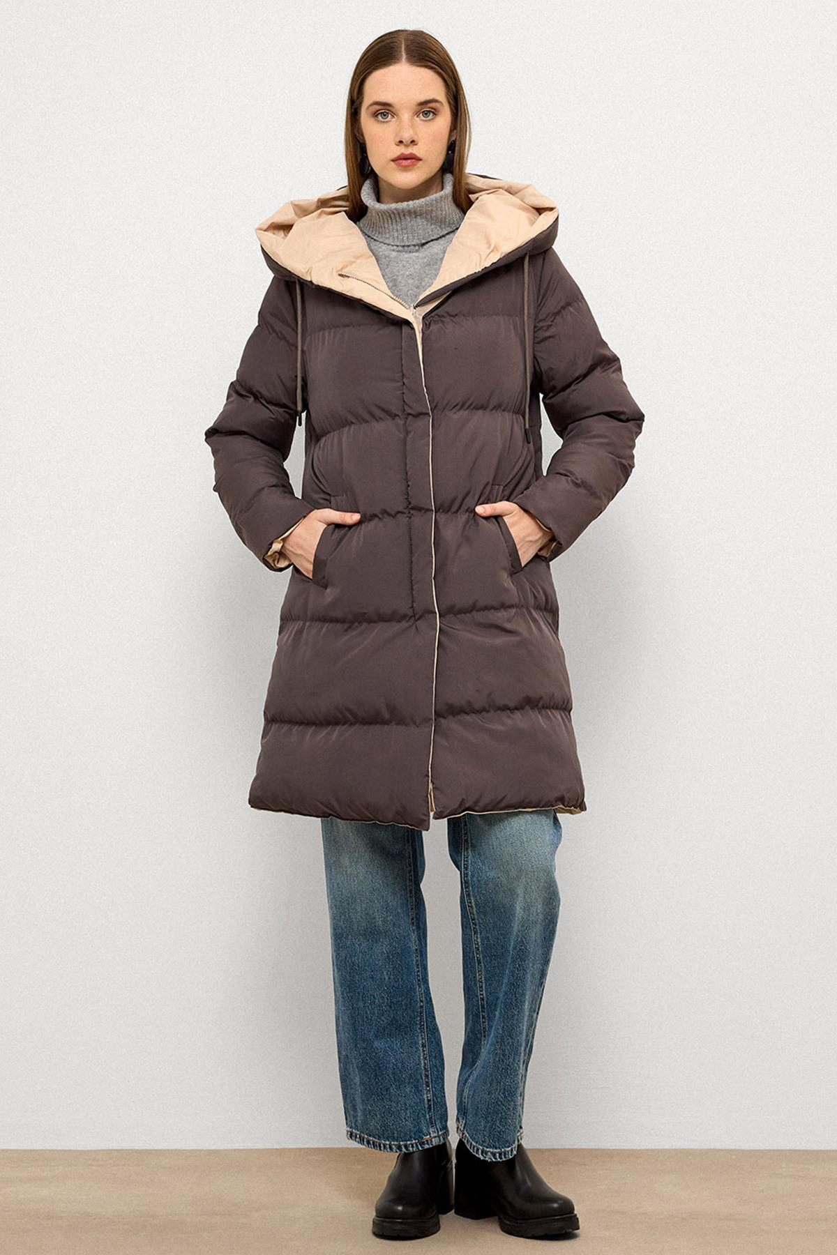 Kapüşonlu İki Renkli Çift Taraflı Şişme Mont GRİ-TAŞ 5371