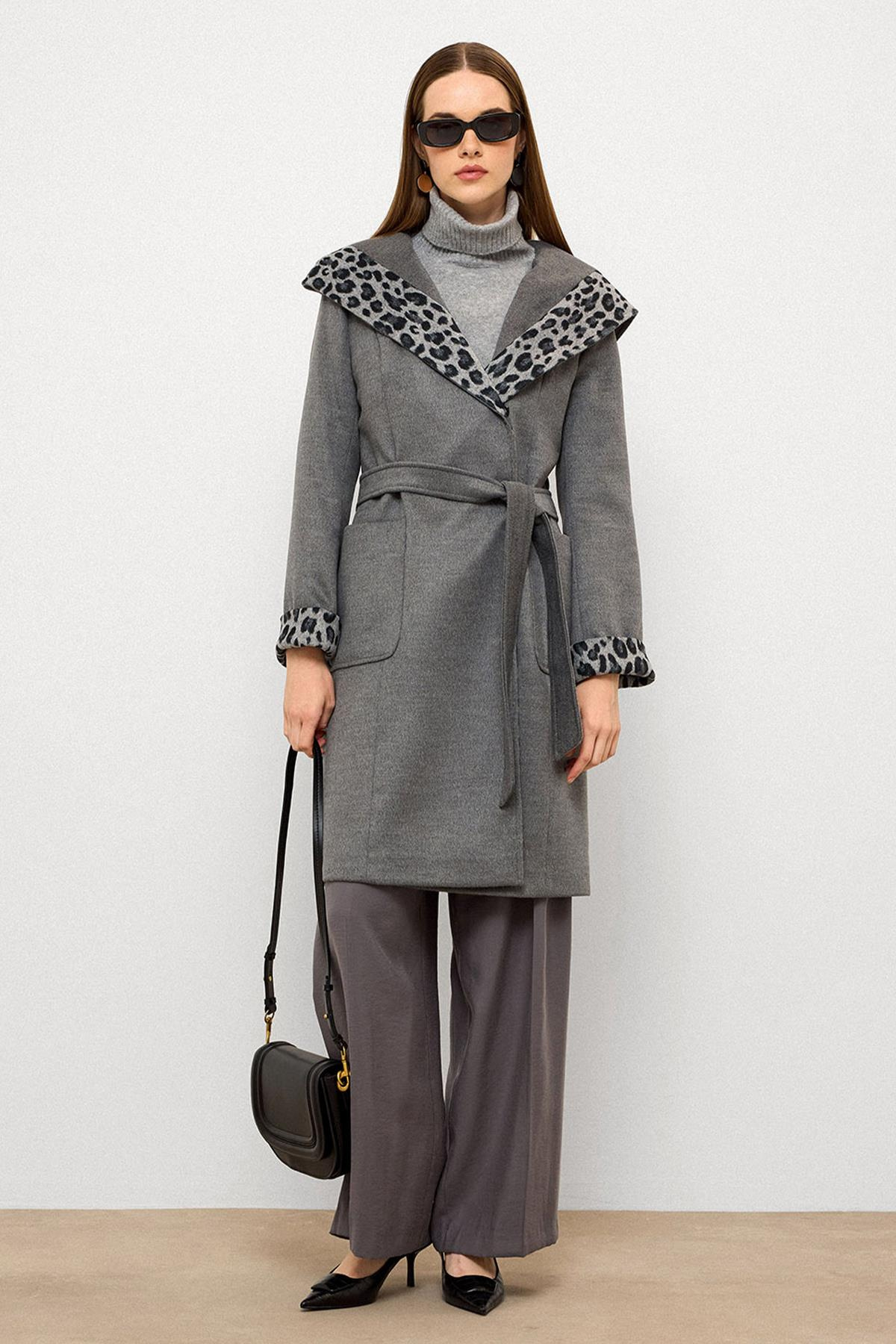 Hooded Leopard Pattern Garnished Pouch Pocket Coat DARK GREY 3123