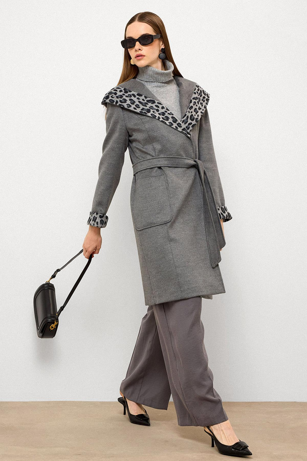 Hooded Leopard Pattern Garnished Pouch Pocket Coat DARK GREY 3123