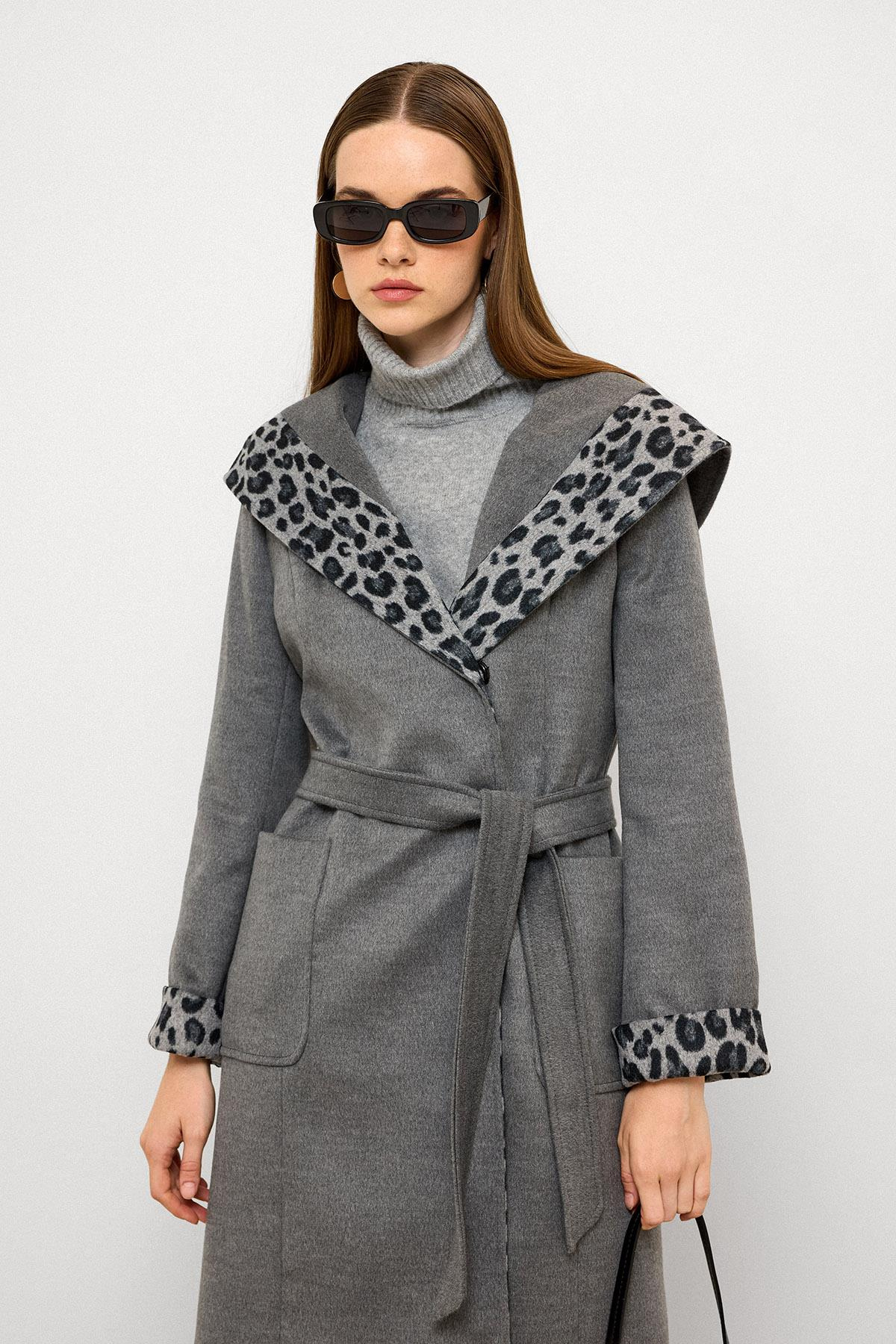 Hooded Leopard Pattern Garnished Pouch Pocket Coat DARK GREY 3123