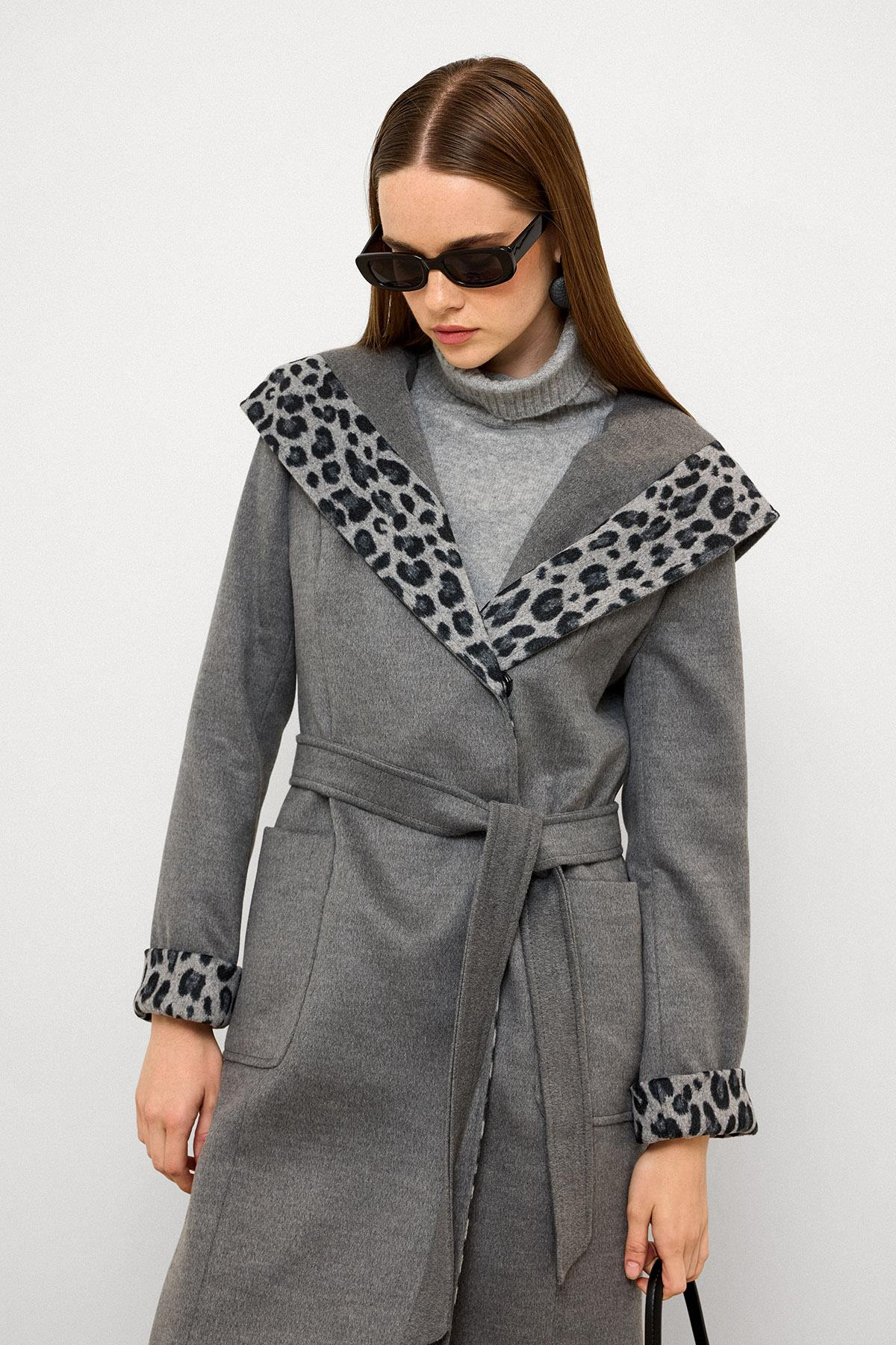 Hooded Leopard Pattern Garnished Pouch Pocket Coat DARK GREY 3123