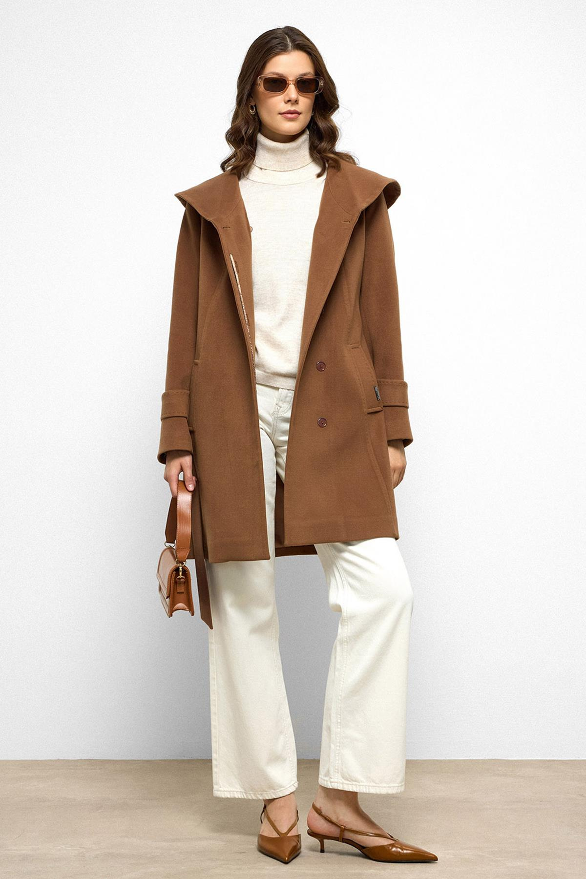 Hooded Coat with Punto Stitch Detail CAMEL 3102