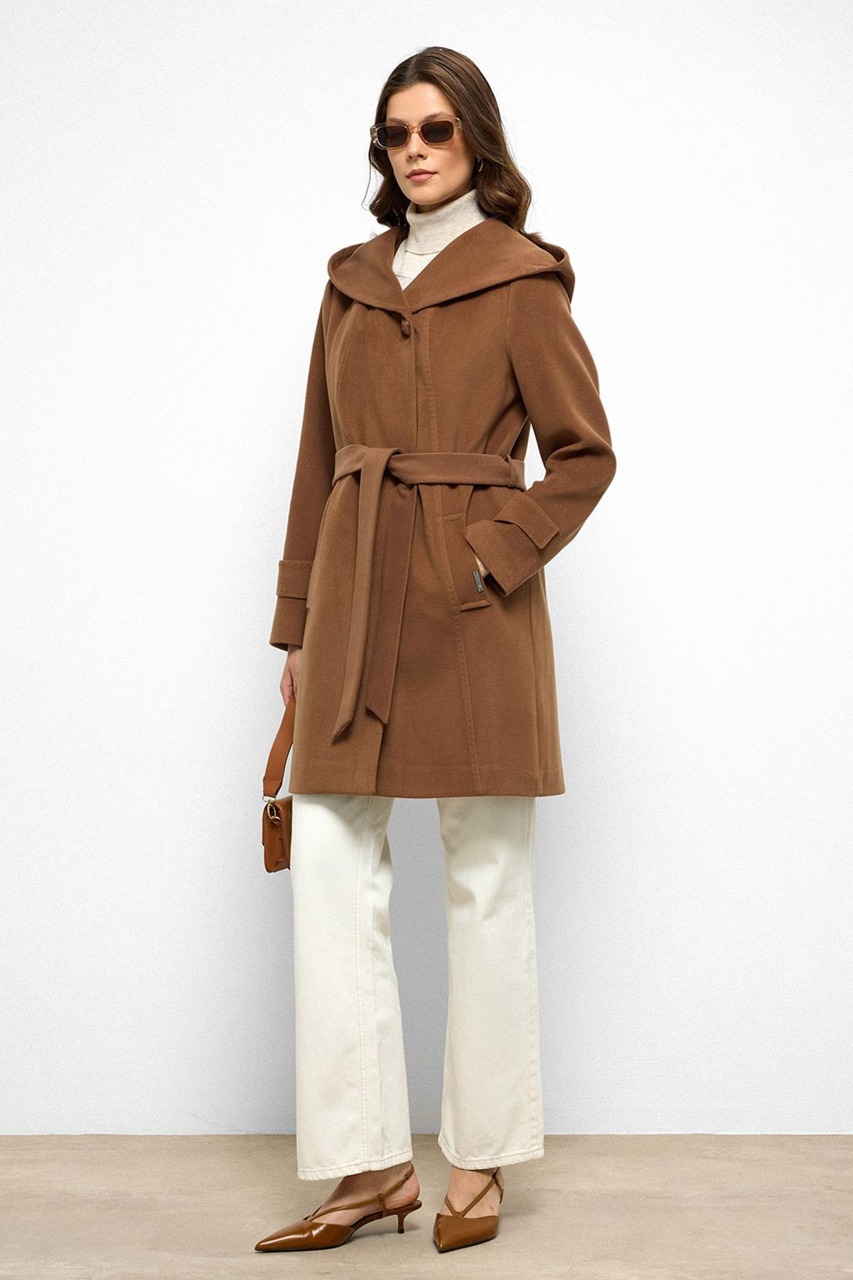 Hooded Coat with Punto Stitch Detail CAMEL 3102