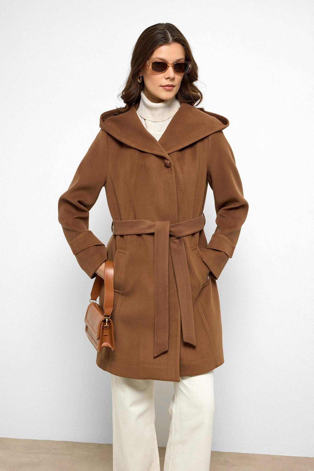 Hooded Coat with Punto Stitch Detail CAMEL 3102
