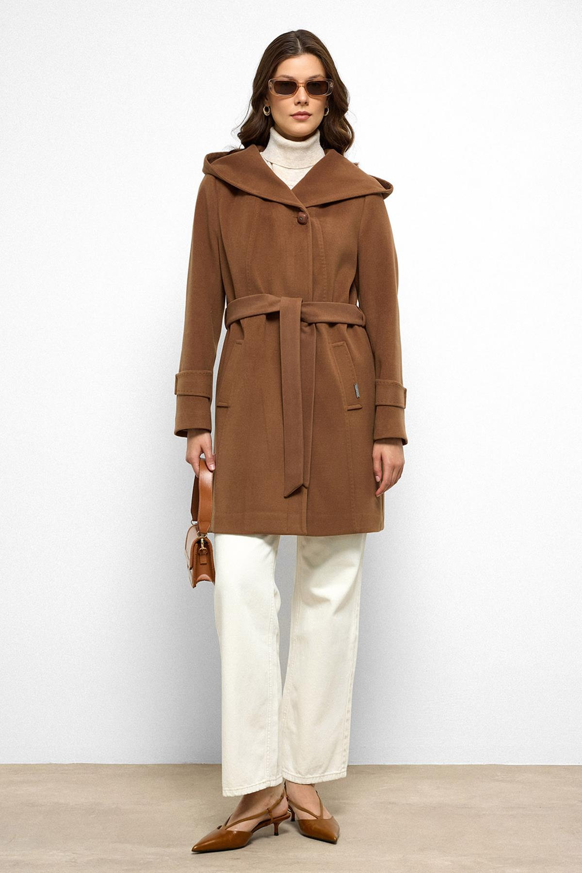 Hooded Coat with Punto Stitch Detail CAMEL 3102
