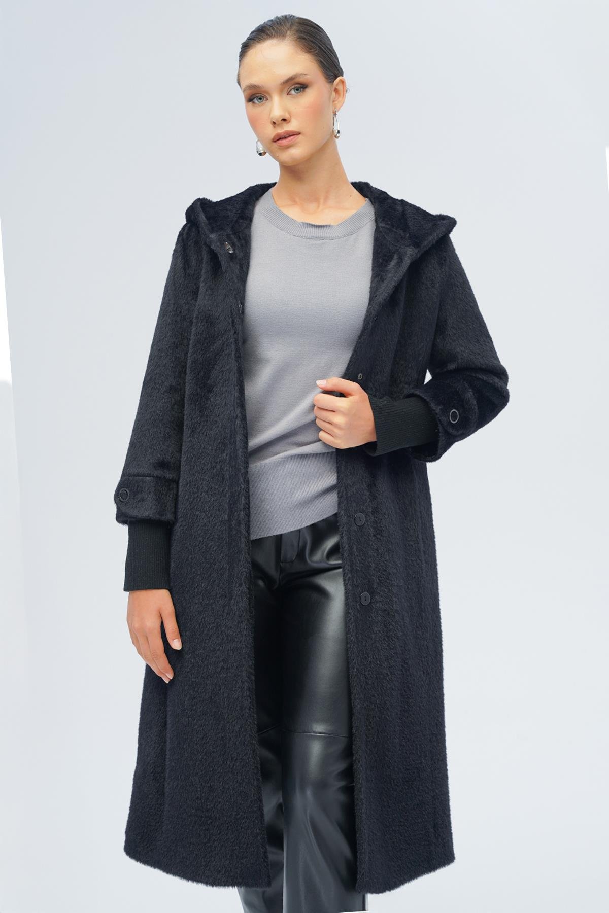 Hooded Plush Coat with Ribbed Detail BLACK 3118