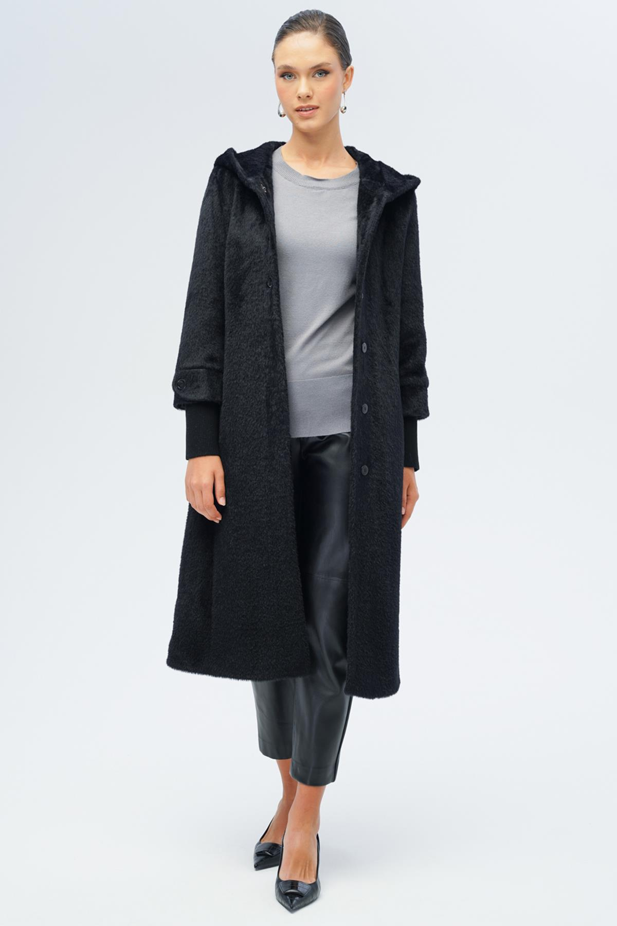 Hooded Plush Coat with Ribbed Detail BLACK 3118