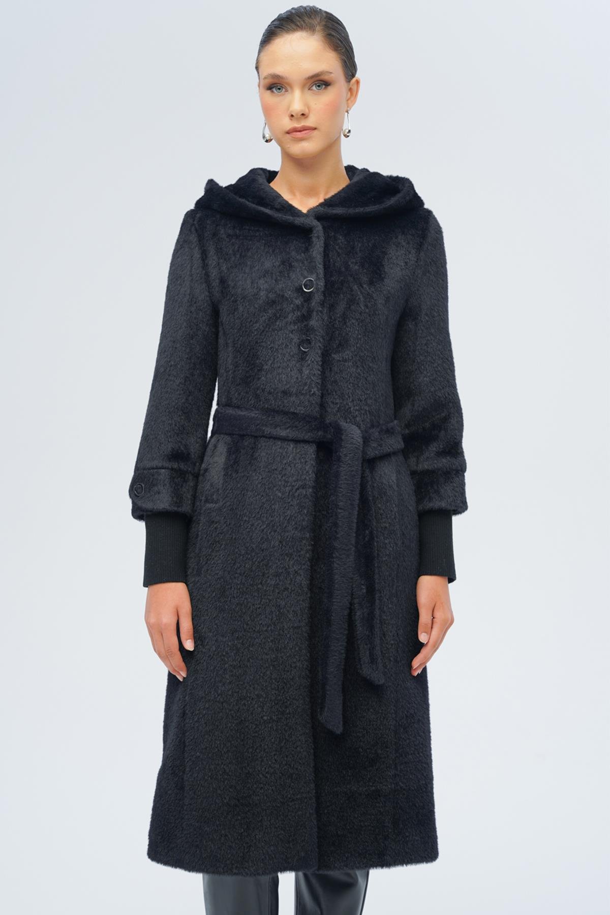 Hooded Plush Coat with Ribbed Detail BLACK 3118