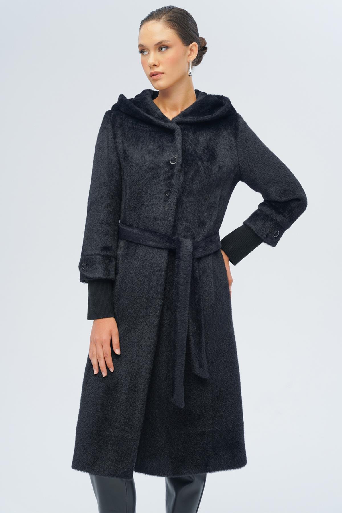 Hooded Plush Coat with Ribbed Detail BLACK 3118