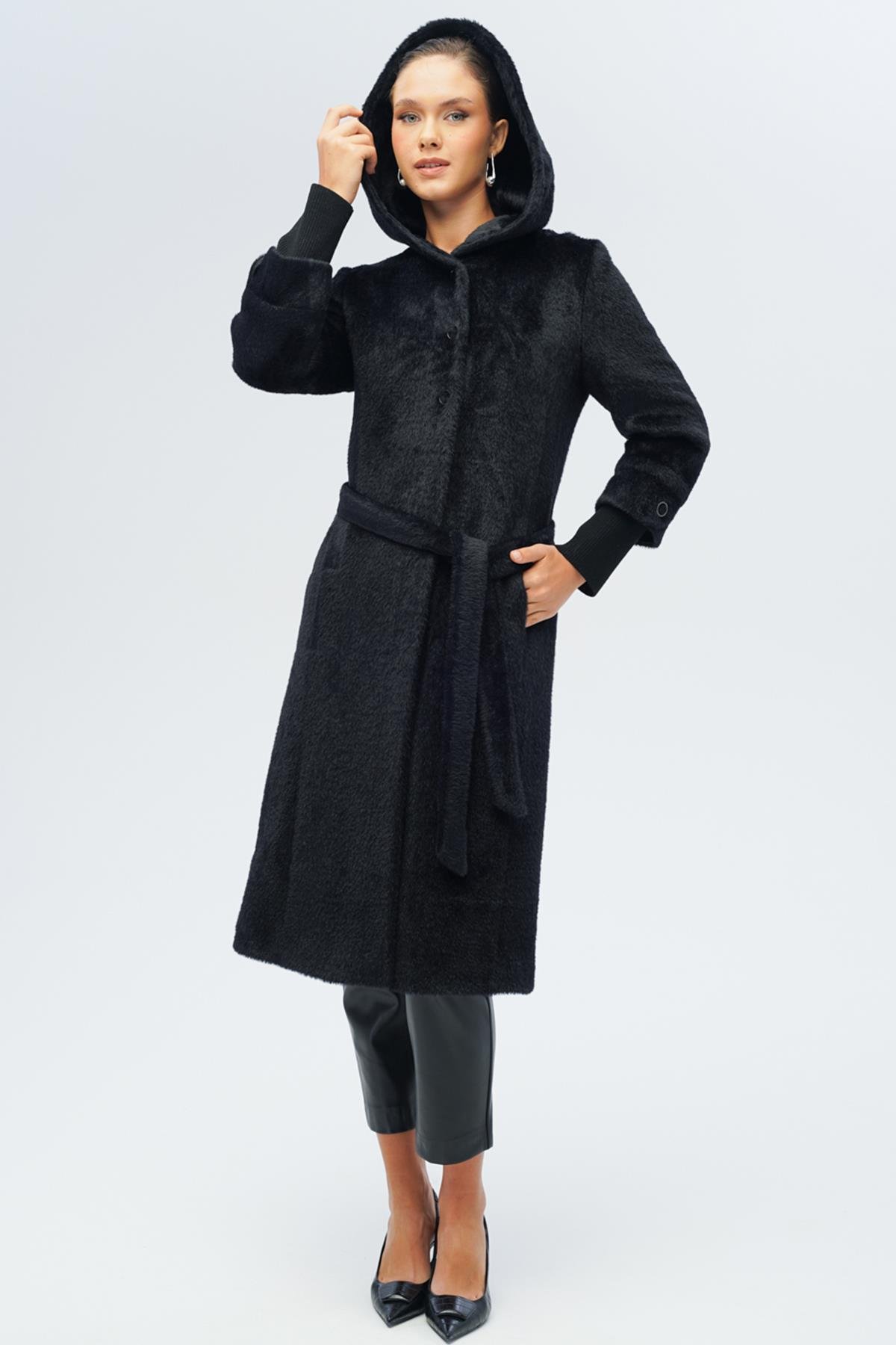 Hooded Plush Coat with Ribbed Detail BLACK 3118