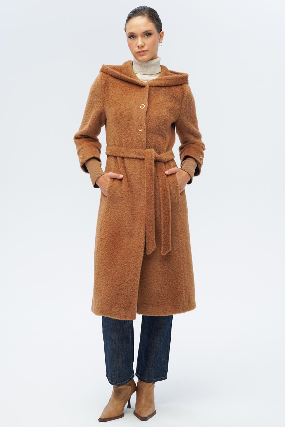 Hooded Plush Coat with Ribbed Detail CAMEL 3118