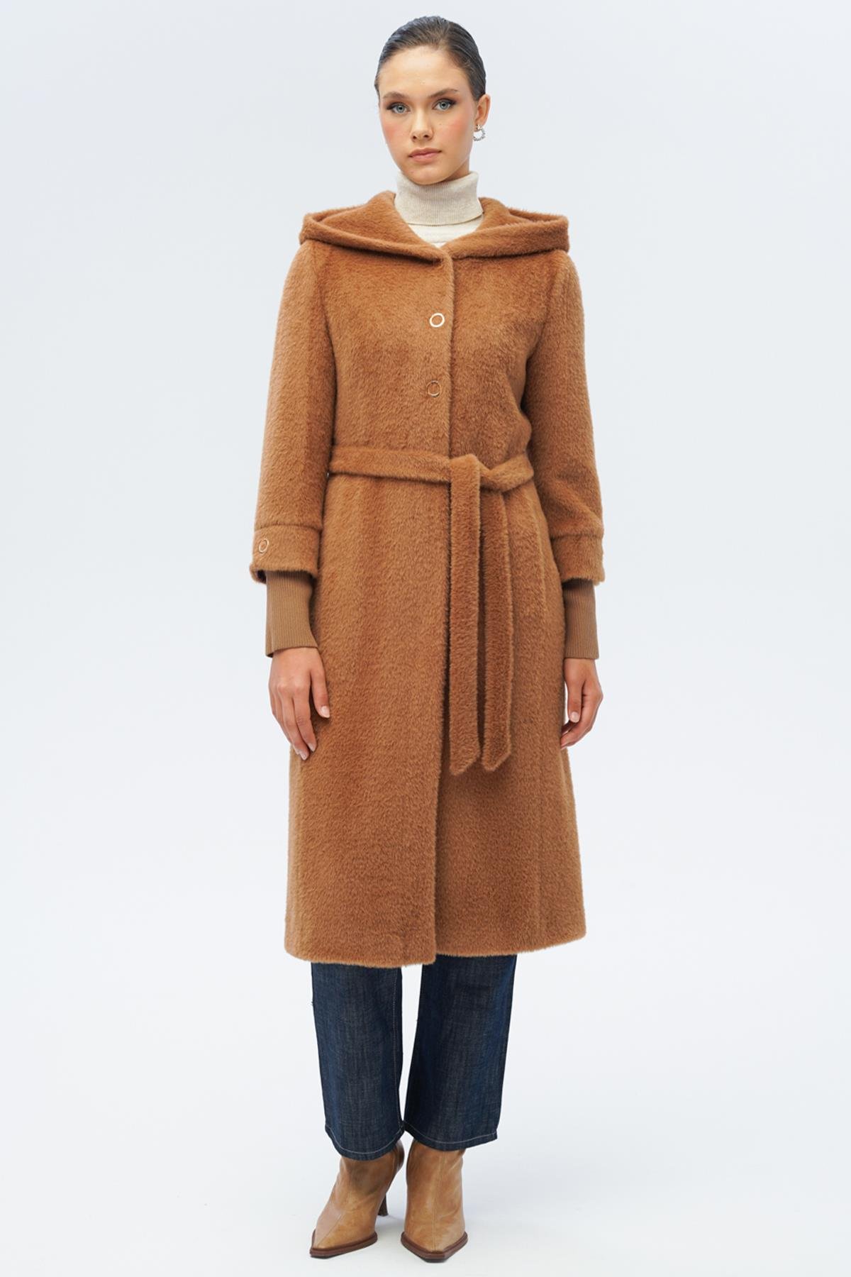 Hooded Plush Coat with Ribbed Detail CAMEL 3118