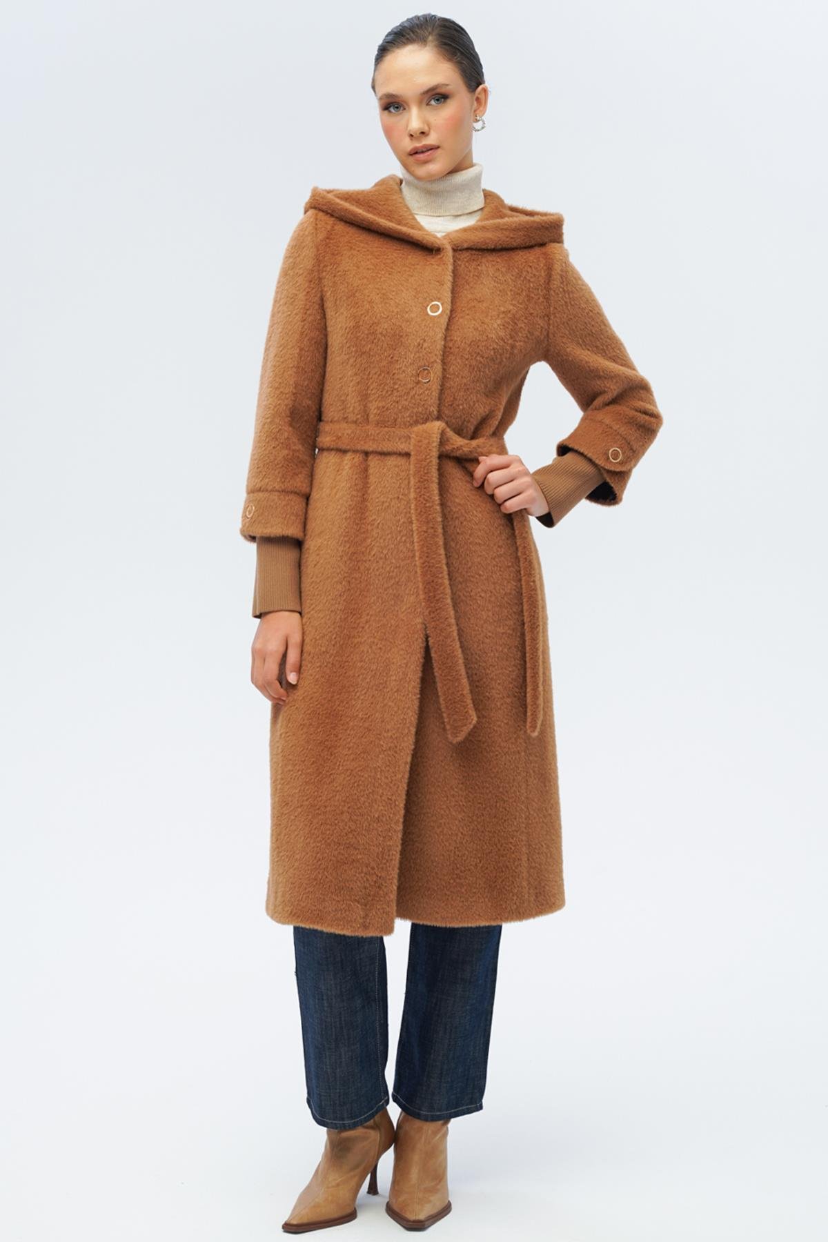 Hooded Plush Coat with Ribbed Detail CAMEL 3118