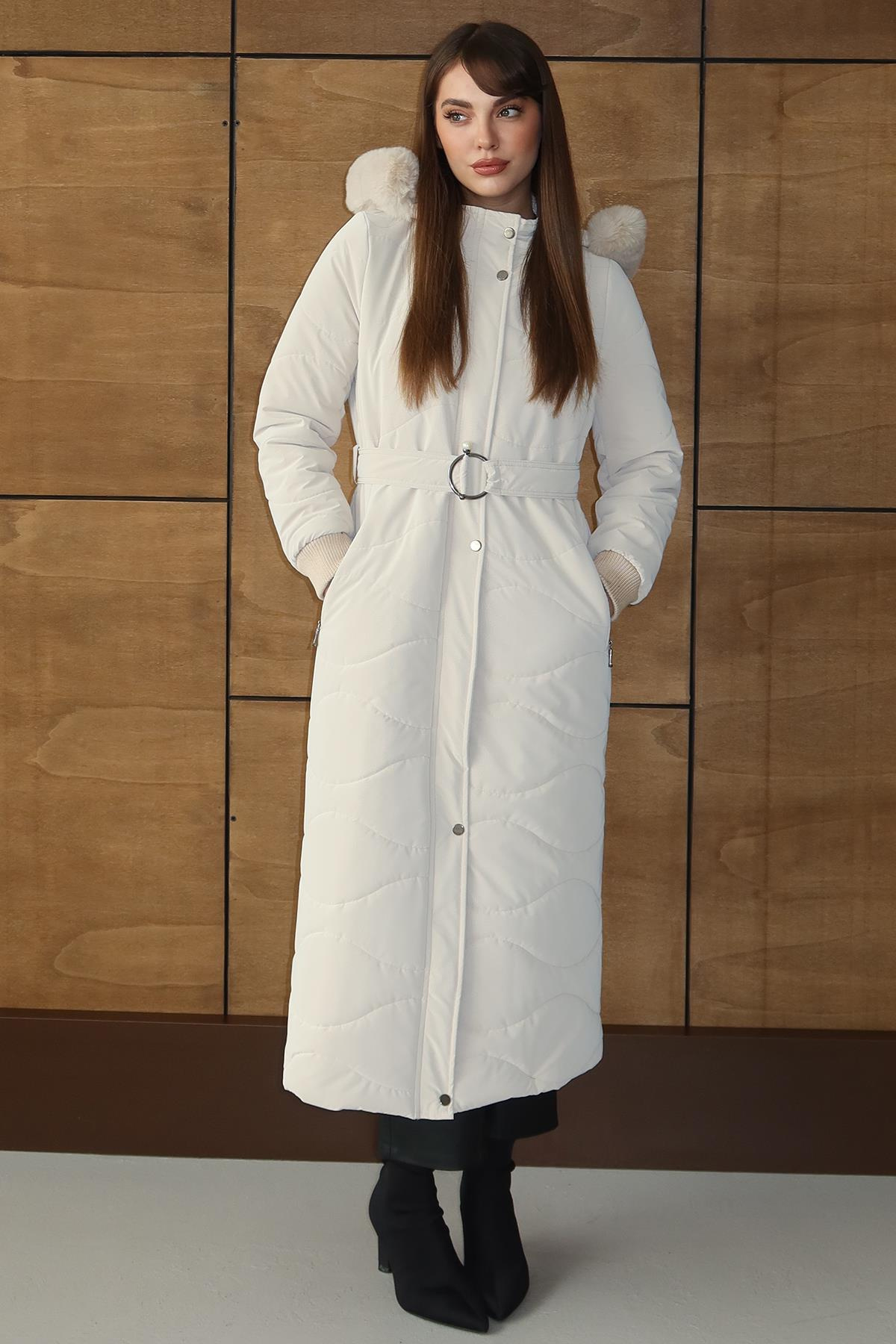 Kapüşonu Çıkabilir Kürklü Fermuarlı Uzun Kapitone Mont EKRU 6802