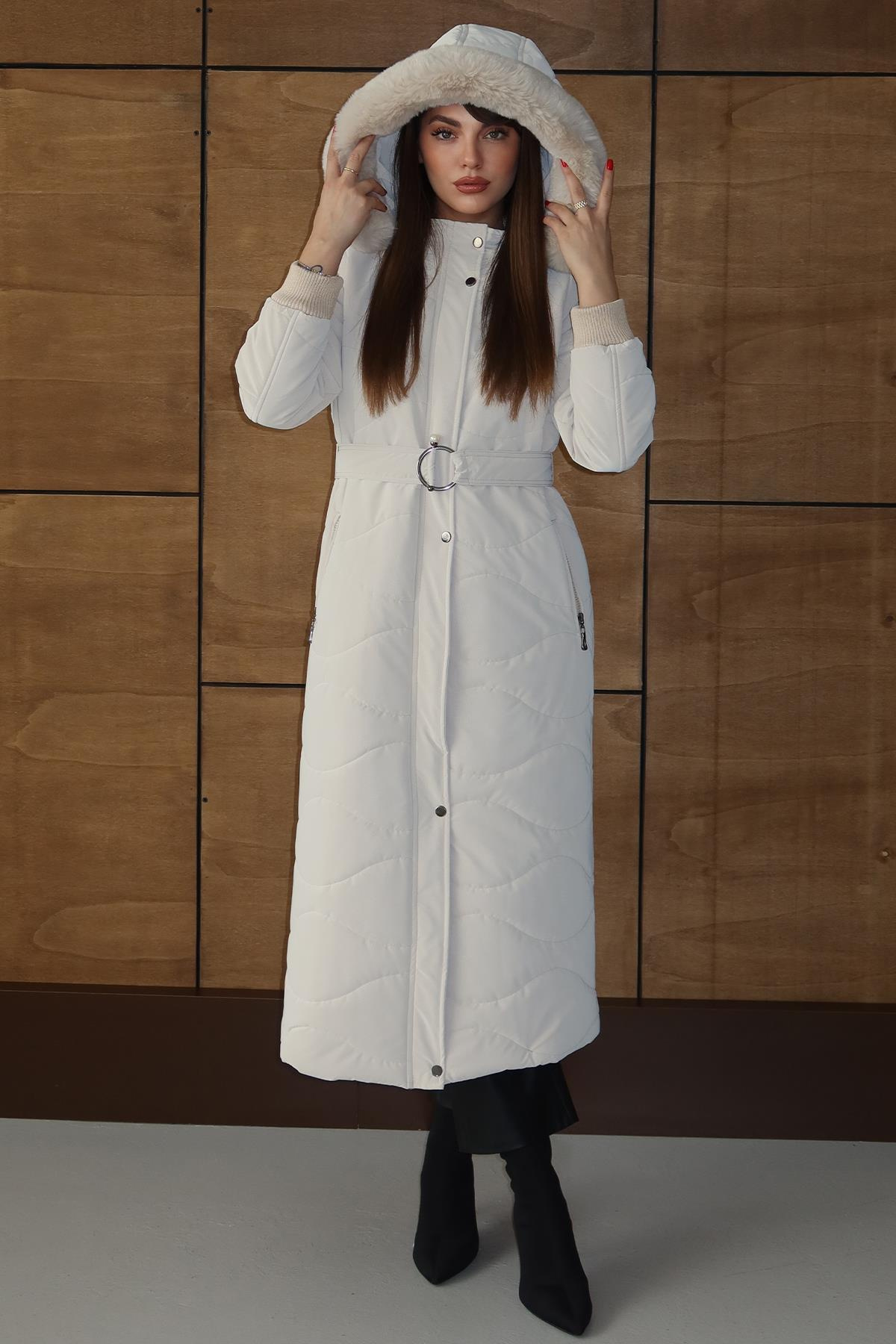 Kapüşonu Çıkabilir Kürklü Fermuarlı Uzun Kapitone Mont EKRU 6802