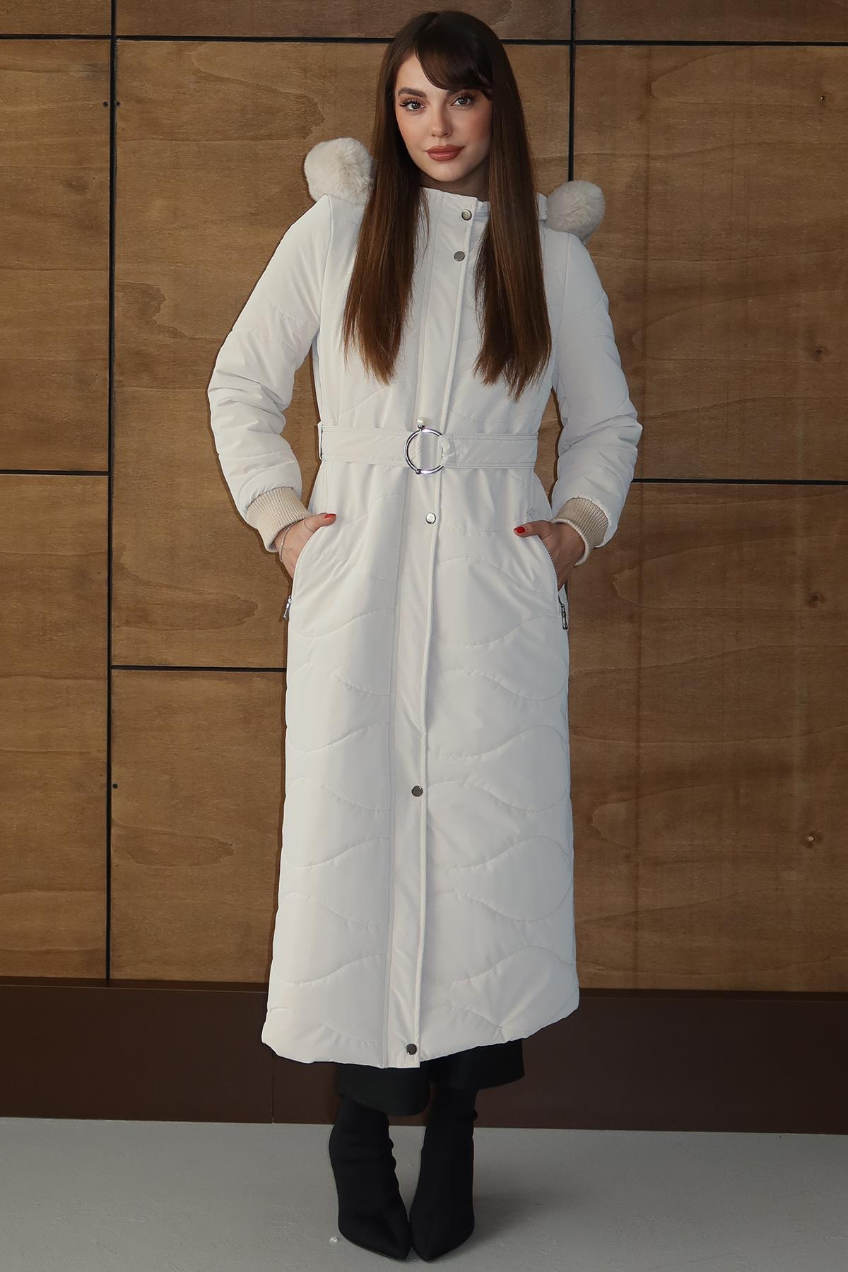 Kapüşonu Çıkabilir Kürklü Fermuarlı Uzun Kapitone Mont EKRU 6802