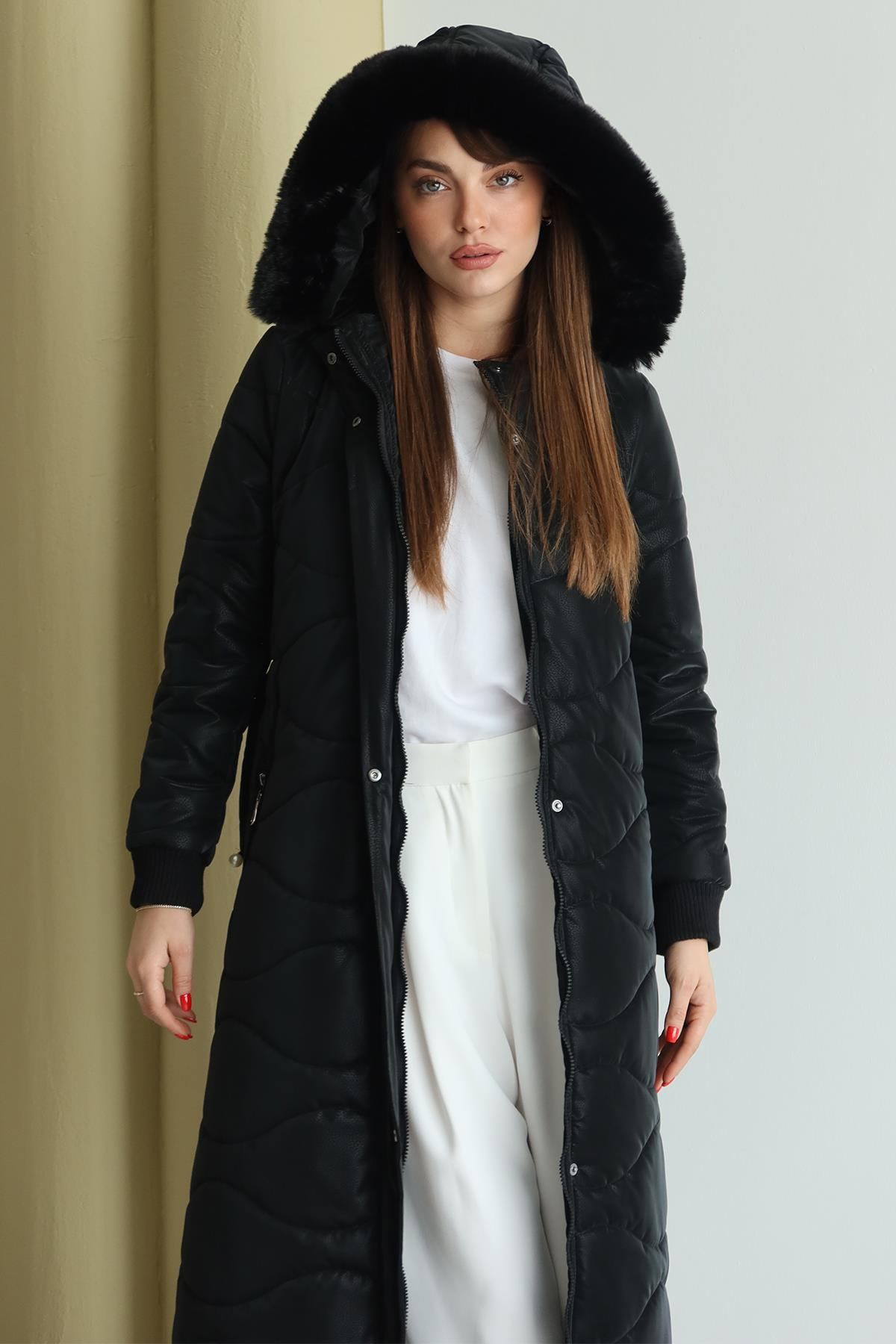 Kapüşonu Çıkabilir Kürklü Fermuarlı Uzun Kapitone Mont SİYAH 6802