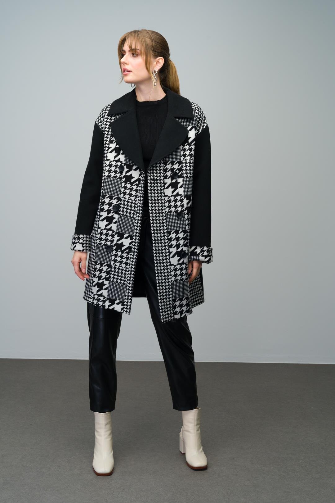 Double-Breasted Oversize Coat with Houndstooth Pattern Detail BLACK 3005