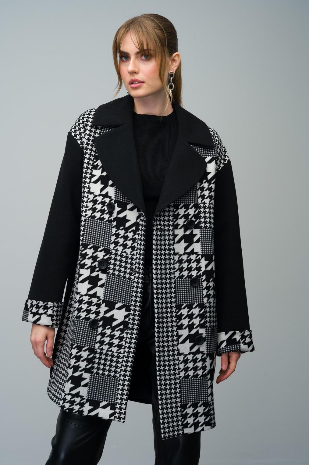 Double-Breasted Oversize Coat with Houndstooth Pattern Detail BLACK 3005