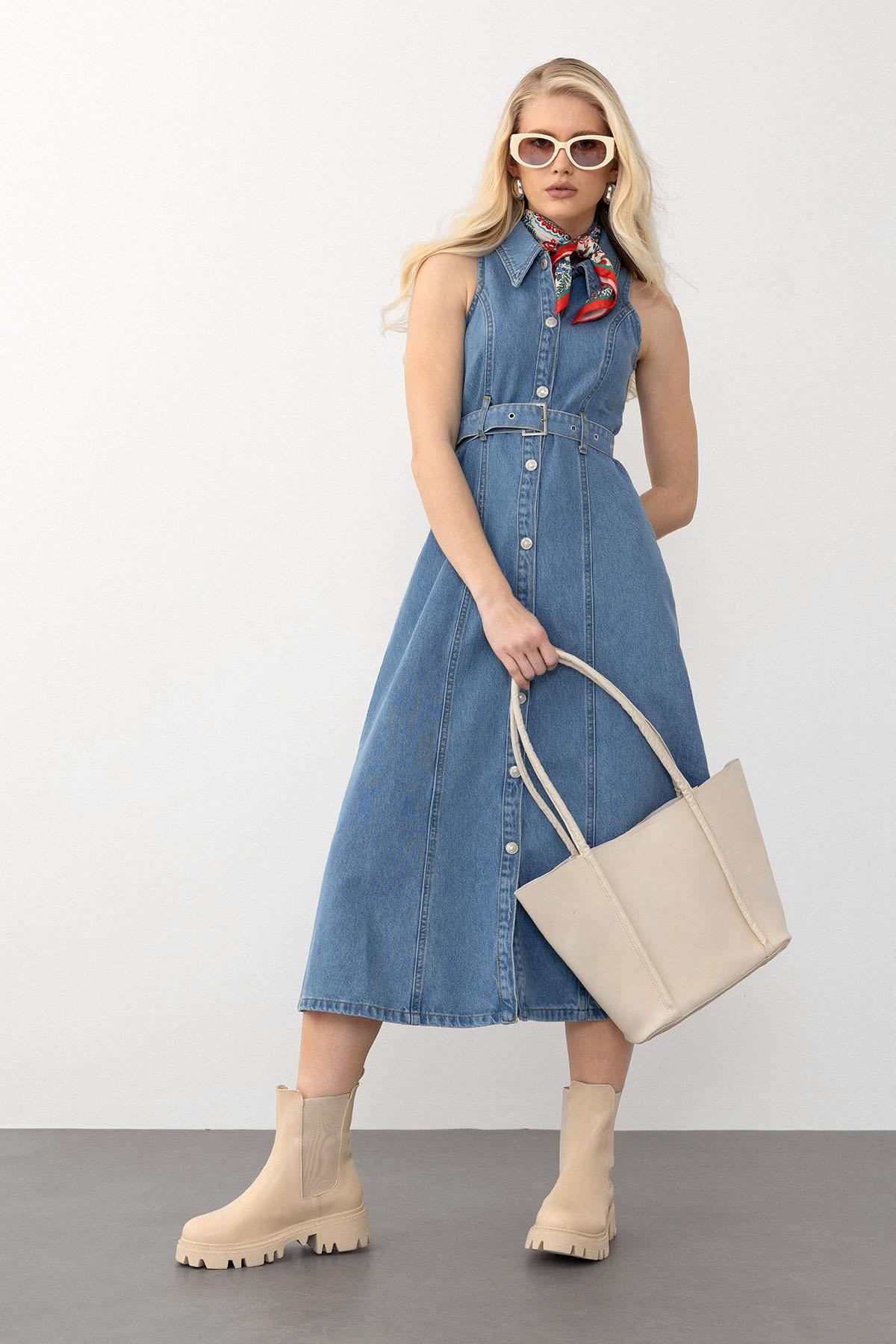 Sleeveless Denim Dress with Belt Detail BLUE 9272-E