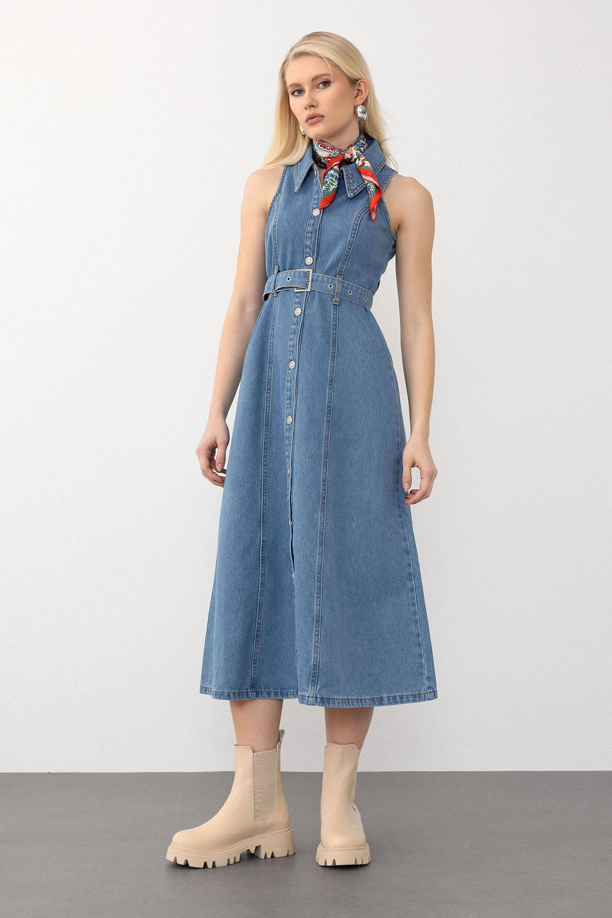 Sleeveless Denim Dress with Belt Detail BLUE 9272-E