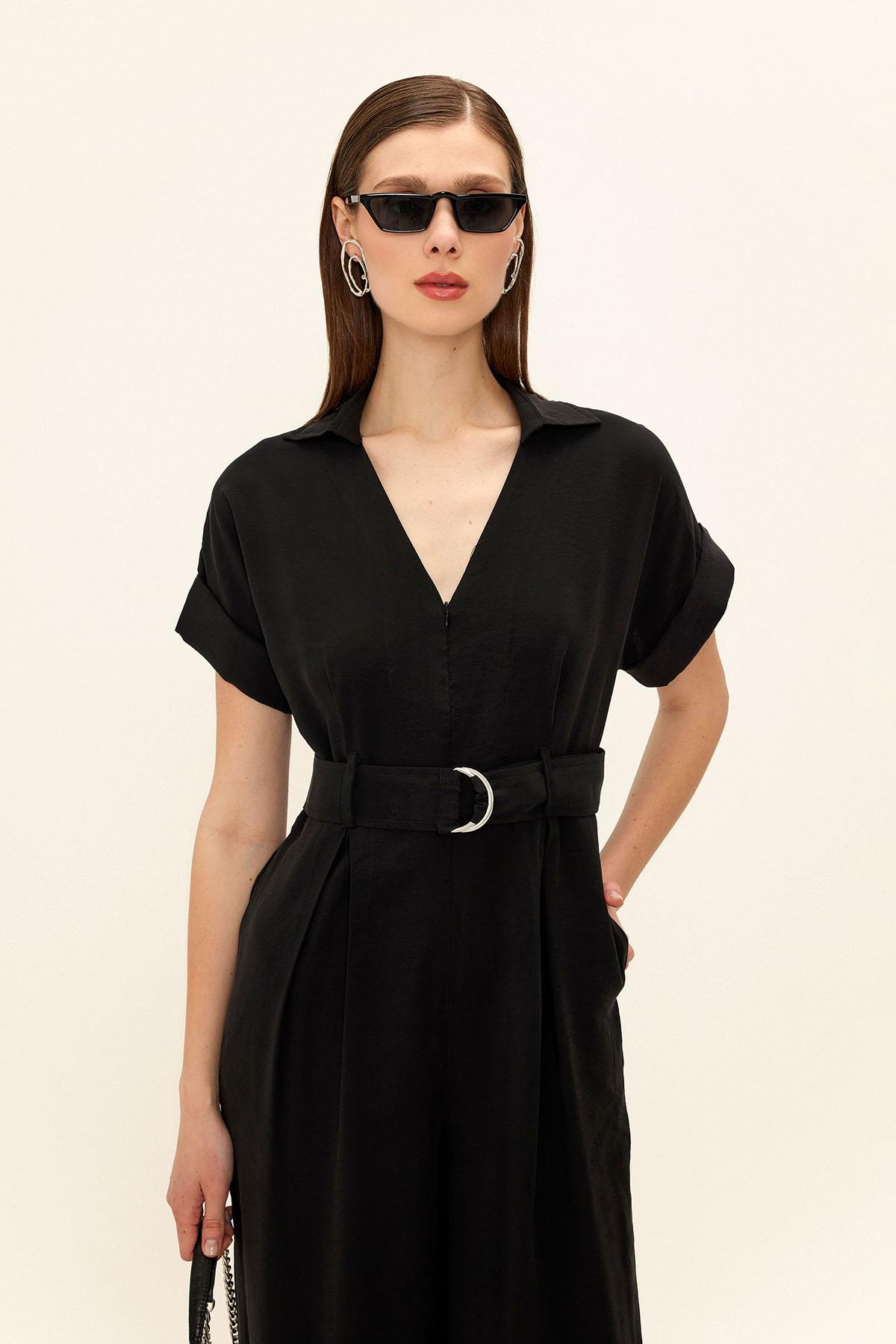 جمبسوت مودال قصير الأكمام مع حزام مفصل أسود 9342