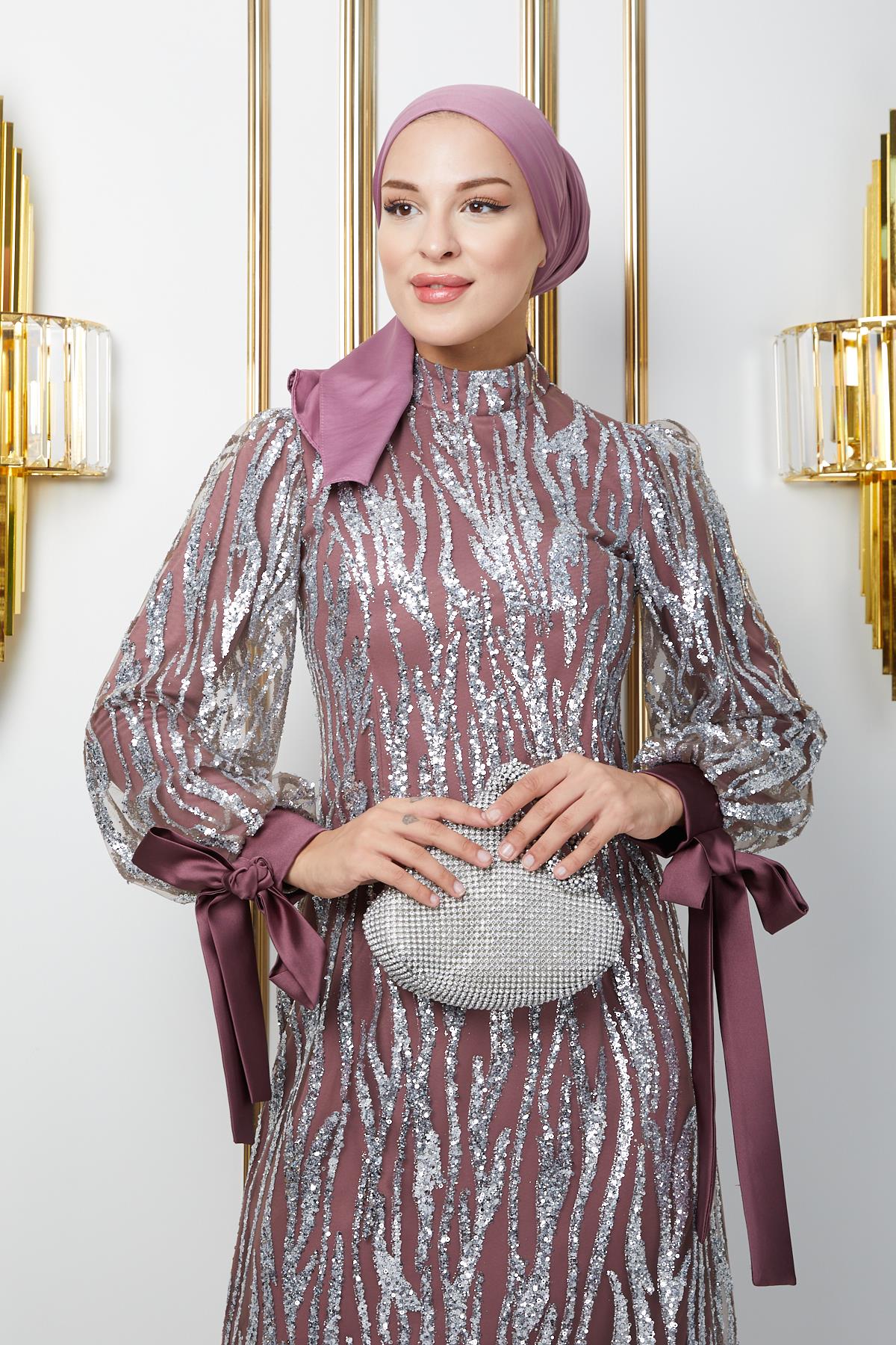 Tulle Hijab Evening Dress with Laced Sleeves and Sequined Pattern DRIED ROSE 1220