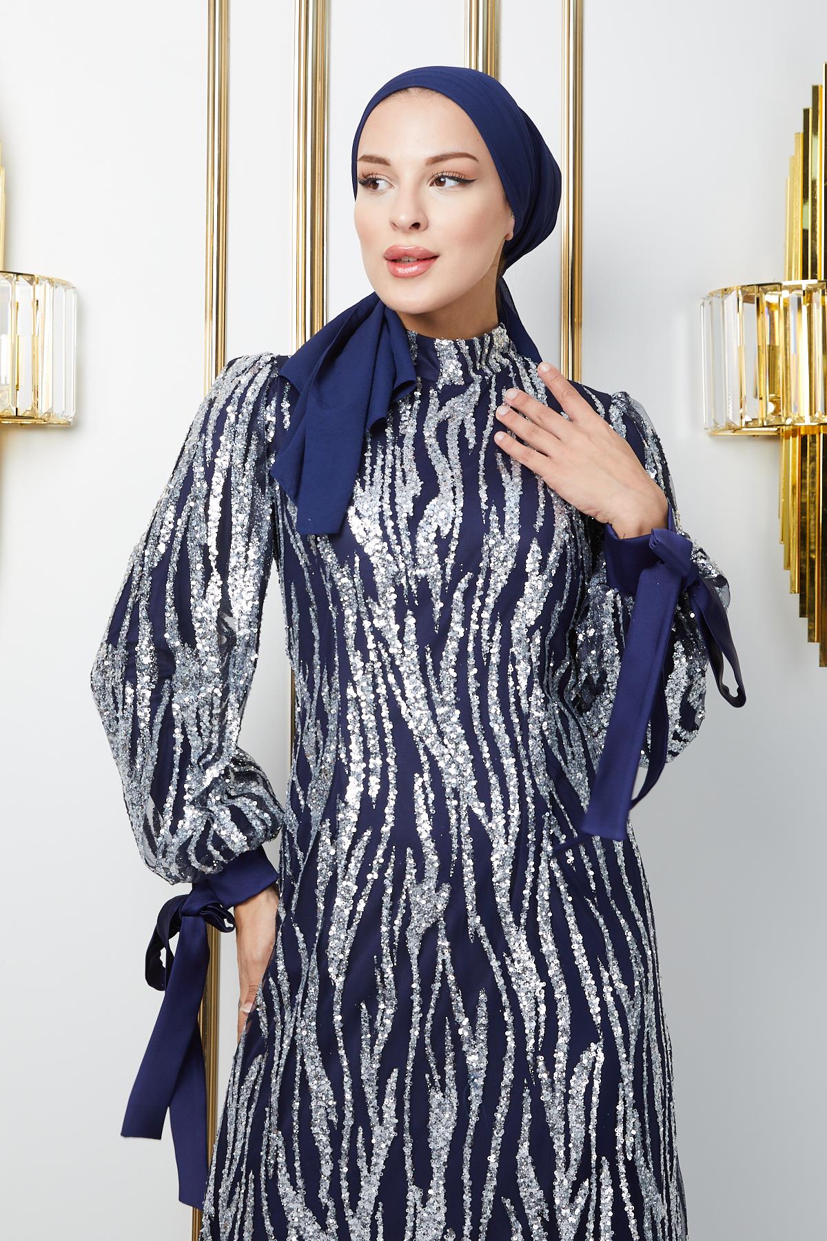 Tulle Hijab Evening Dress with Laced Sleeves and Sequined Pattern NAVY 1220