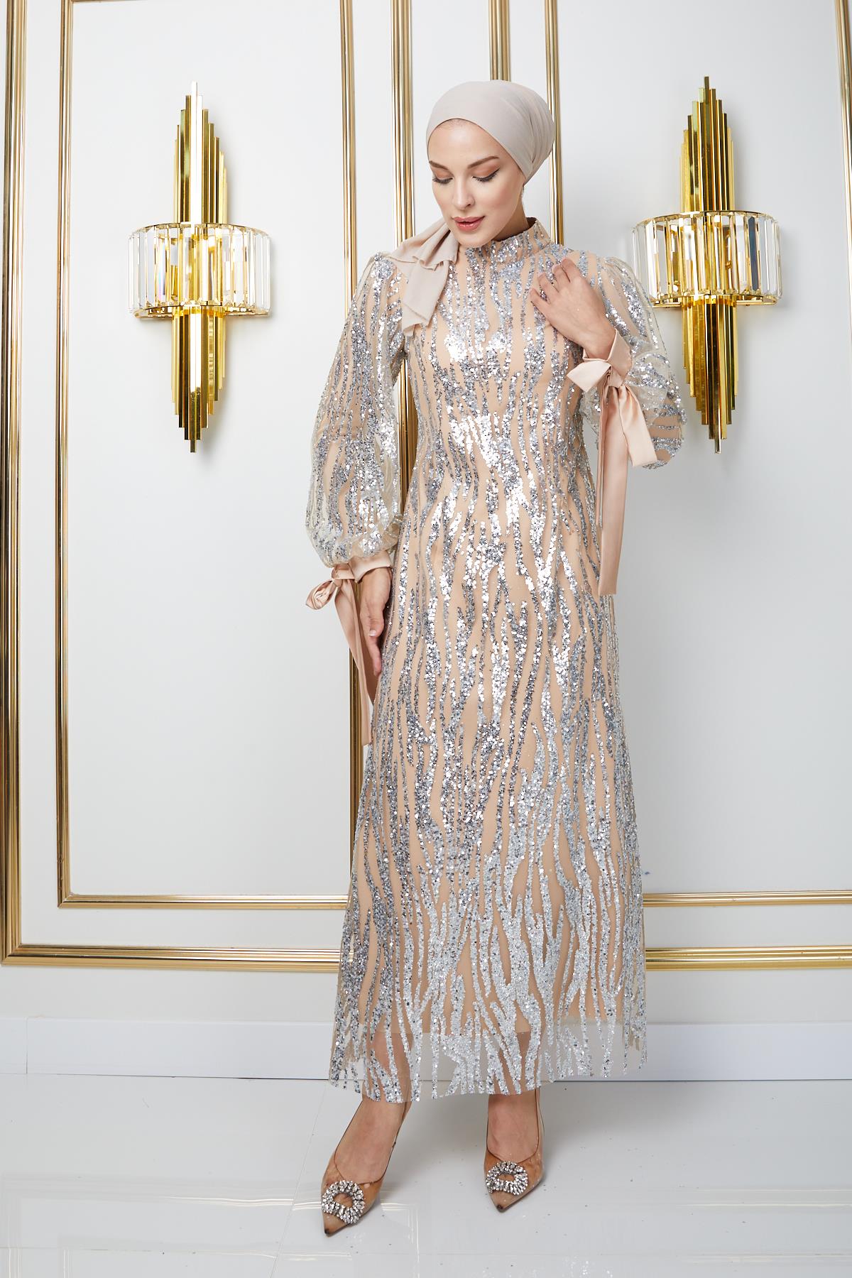 Tulle Hijab Evening Dress with Laced Sleeves and Sequined Pattern IVORY 1220
