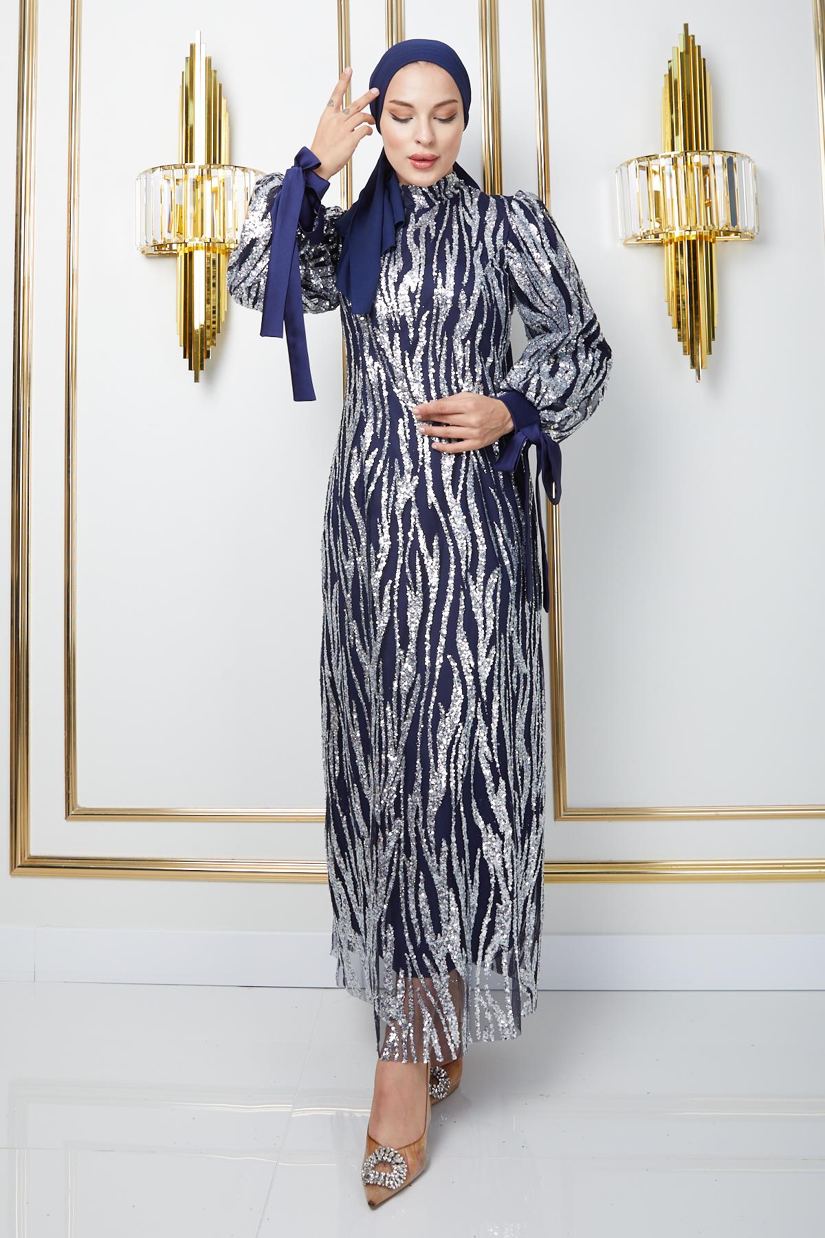 Tulle Hijab Evening Dress with Laced Sleeves and Sequined Pattern NAVY 1220