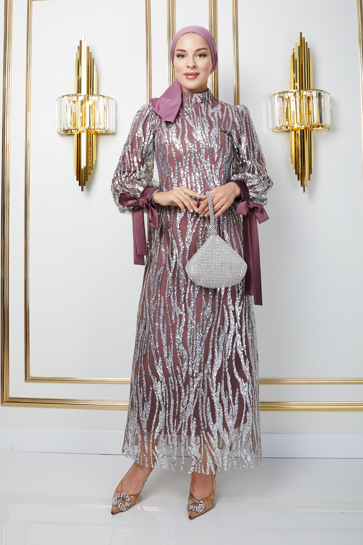 Tulle Hijab Evening Dress with Laced Sleeves and Sequined Pattern DRIED ROSE 1220