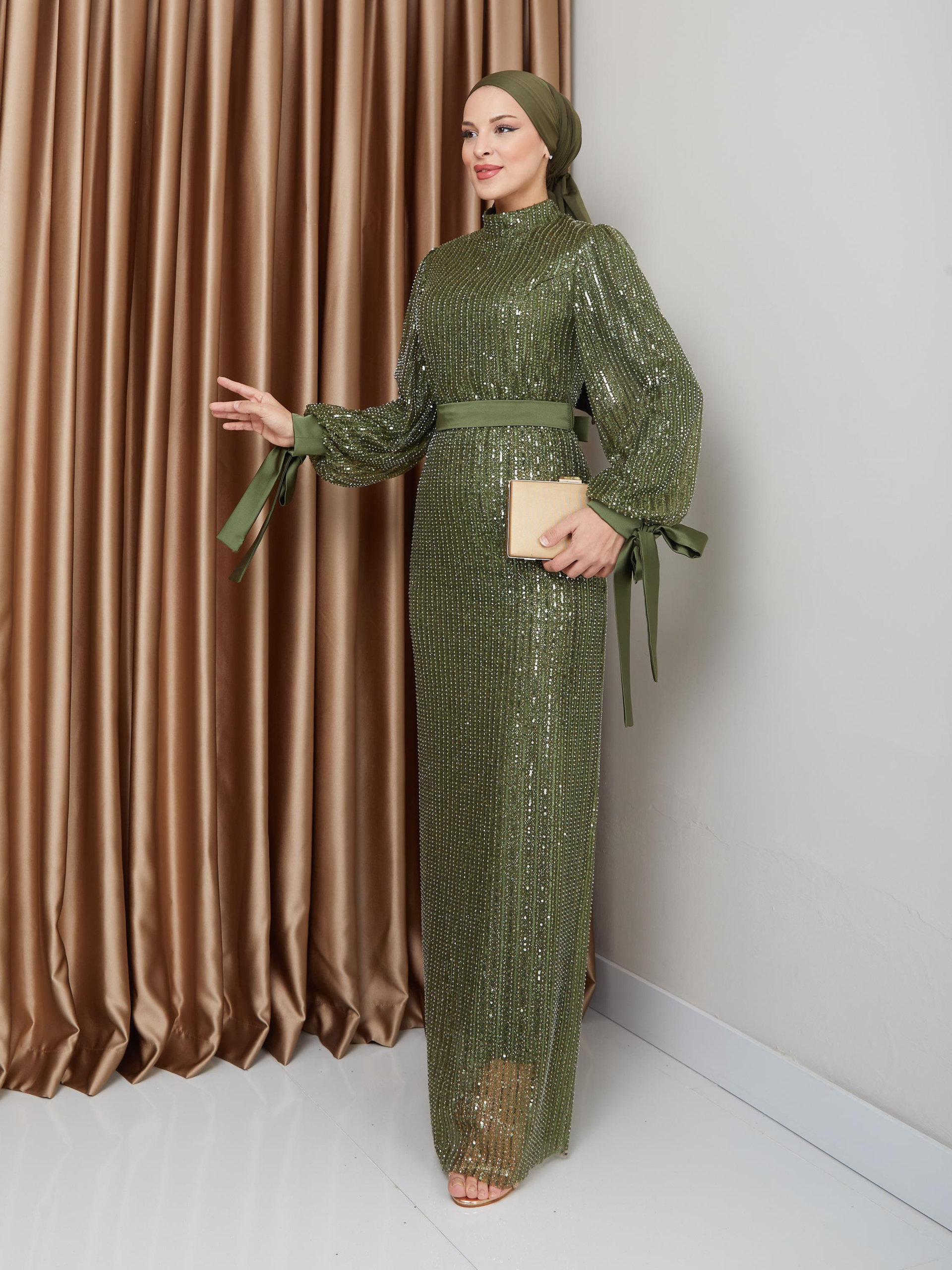 Sequin Hijab Evening Dress with Bow Detail on the Armhole GREEN 1222